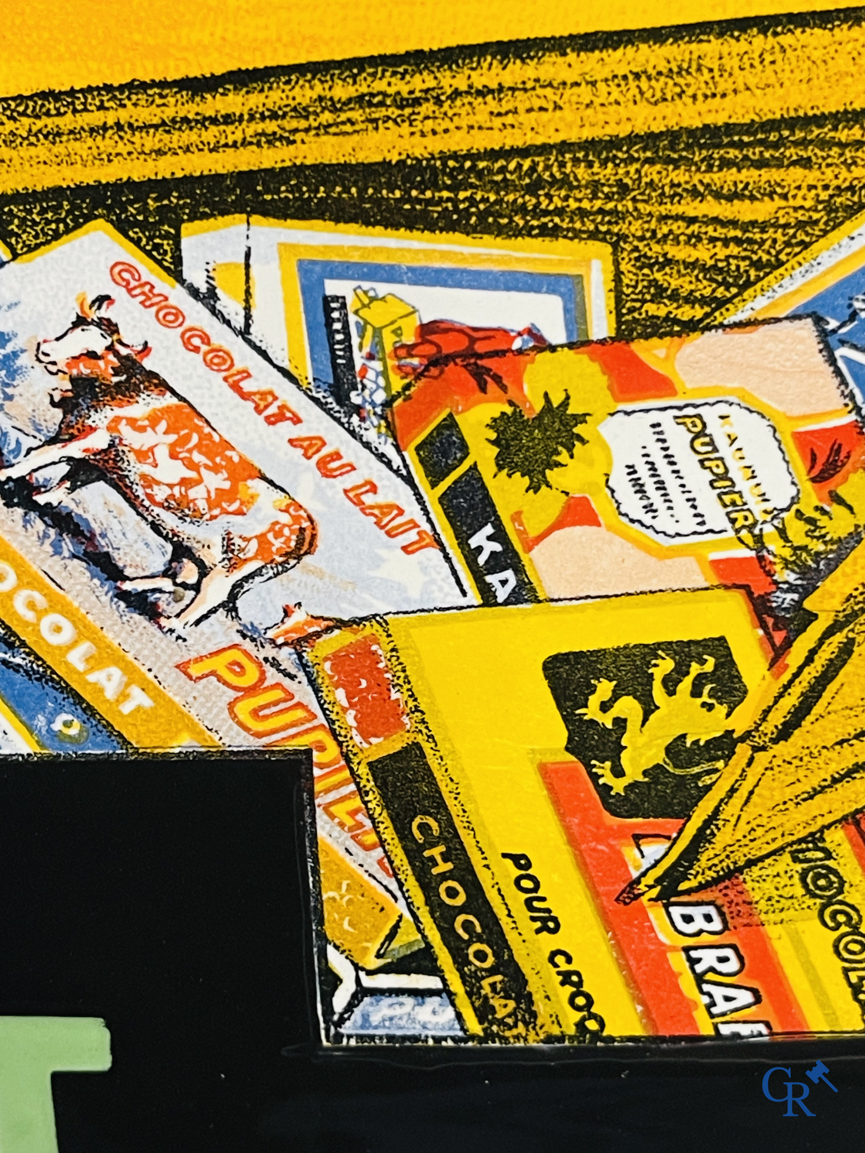 Chocolat Pupier, emaille reclamebord geïllustreerd met het personage ontworpen door Jean D'Ylen. Circa 1930.