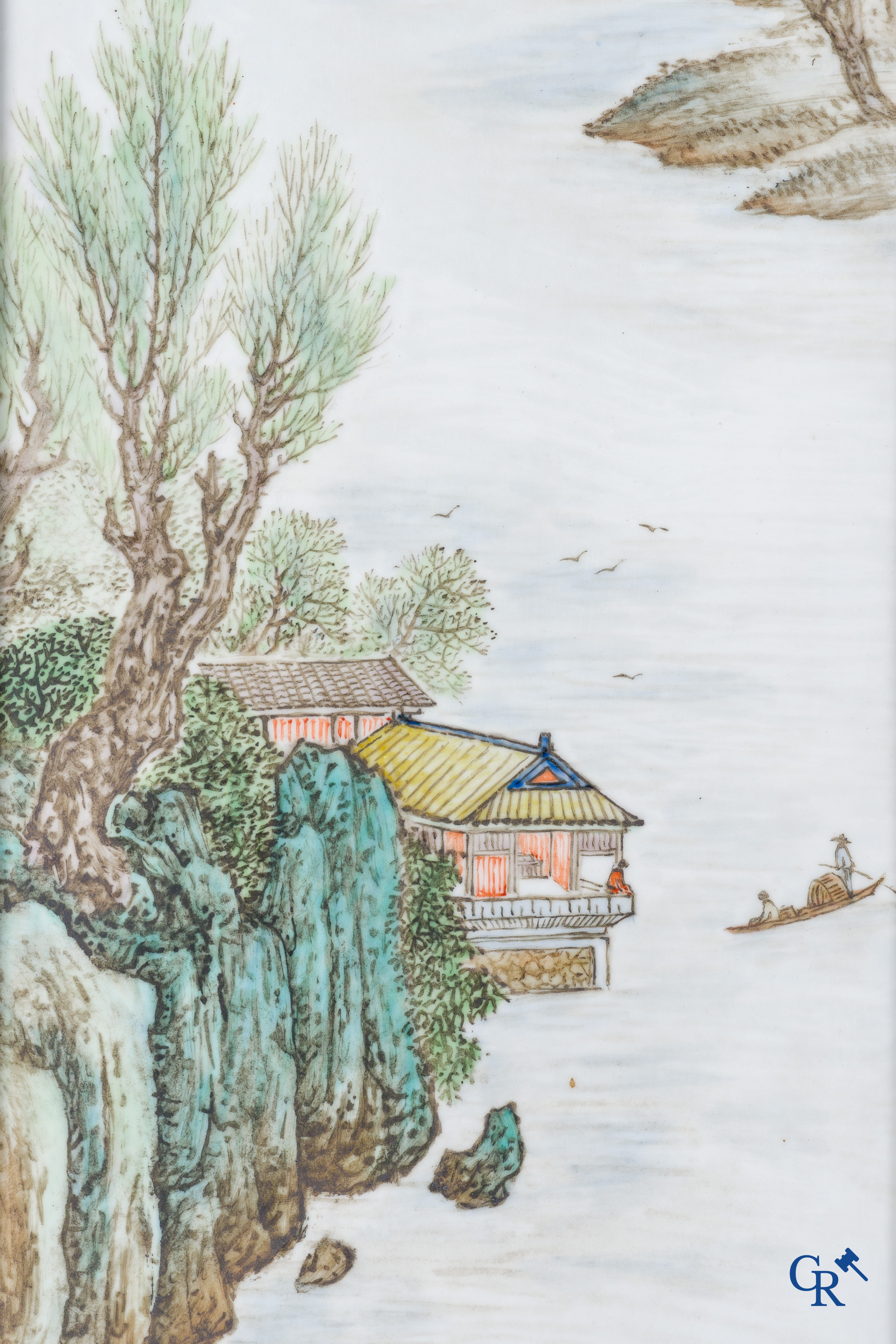 Asian Art: Chinese porcelain, 2 Chinese porcelain plaques with a decor of characters in mountain landscapes. Marked.