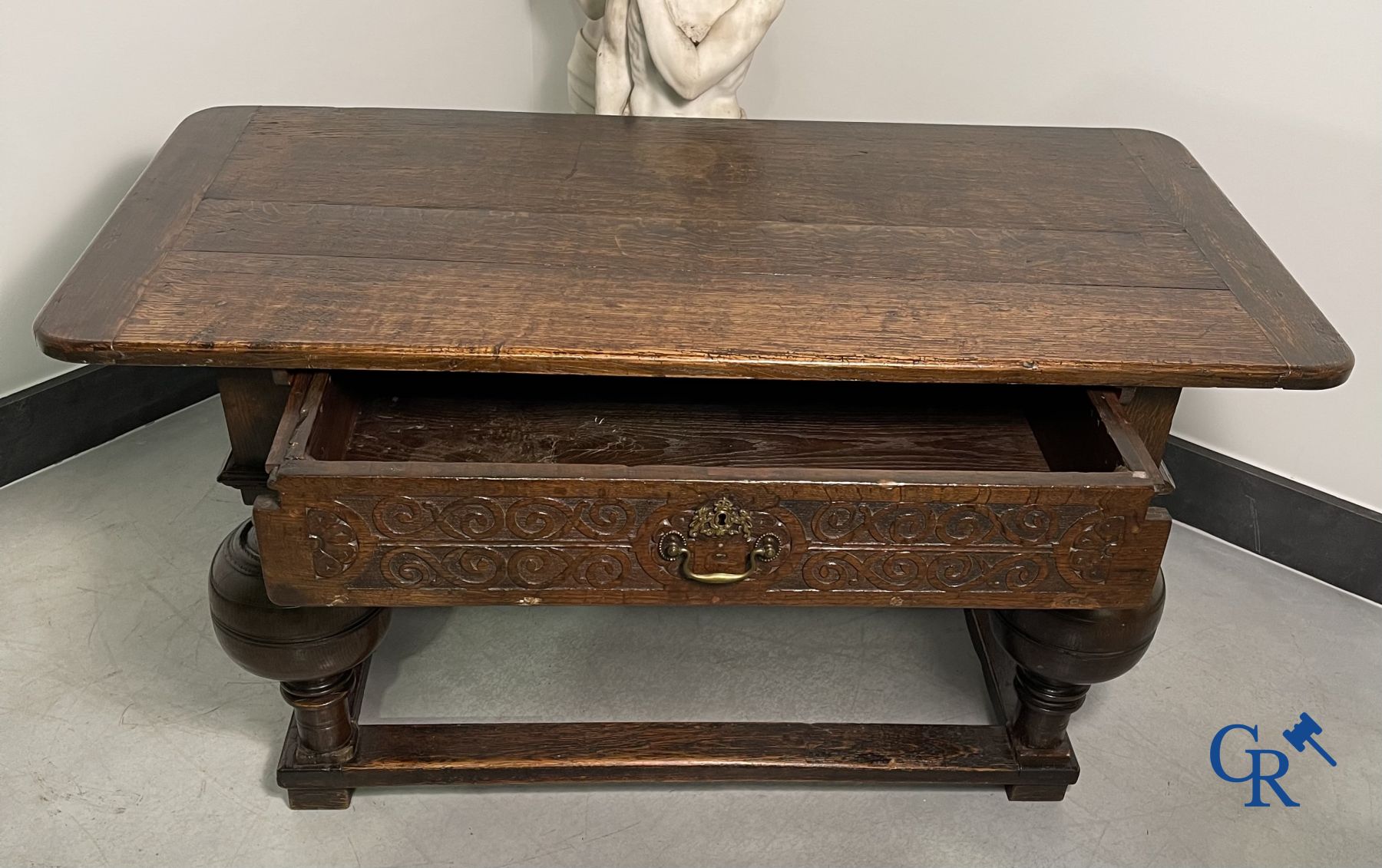 Furniture: An oak table with drawer. 17th - 18th century.