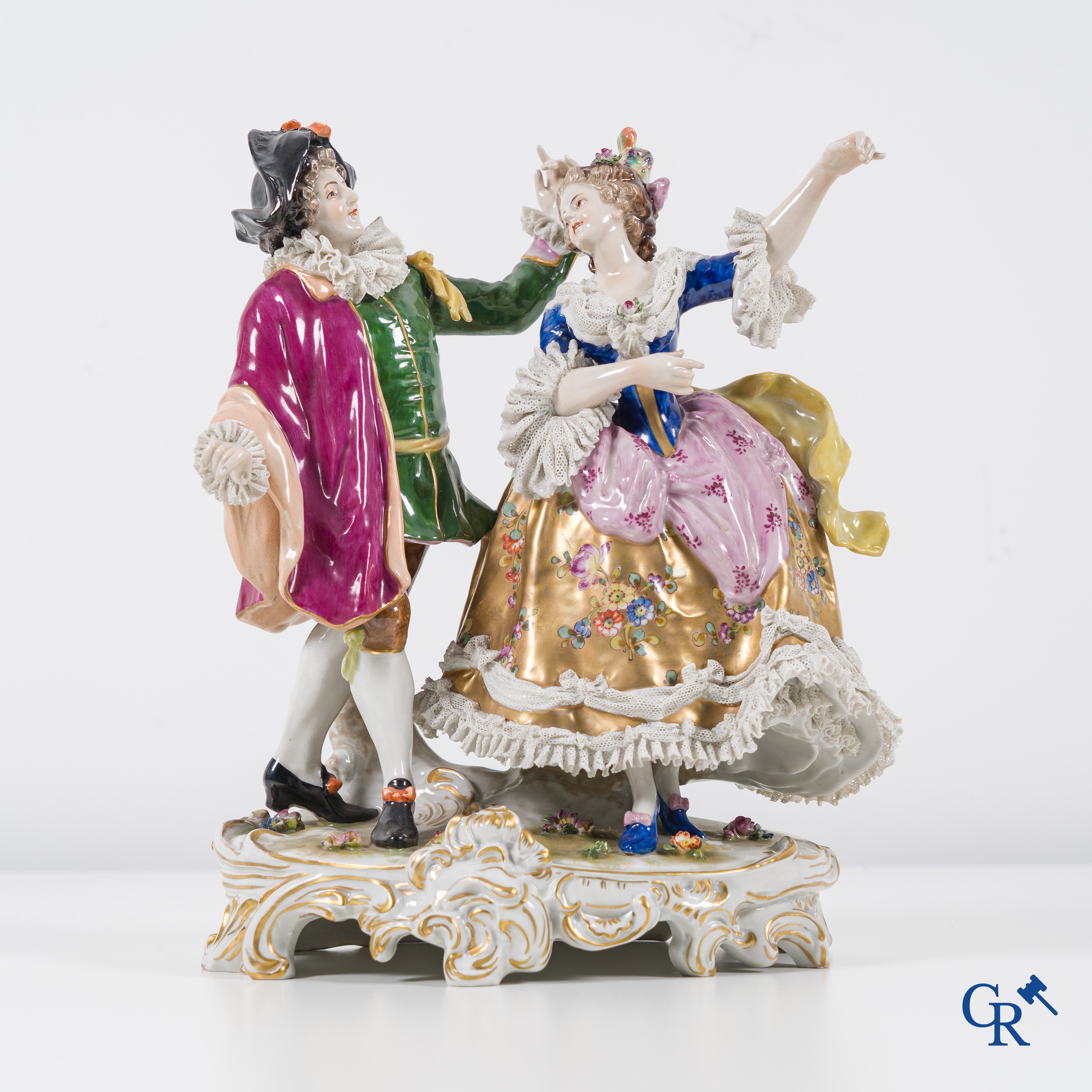 Volkstedt Rudolstadt: European porcelain, large and finely decorated group in lace porcelain of a dancing couple.