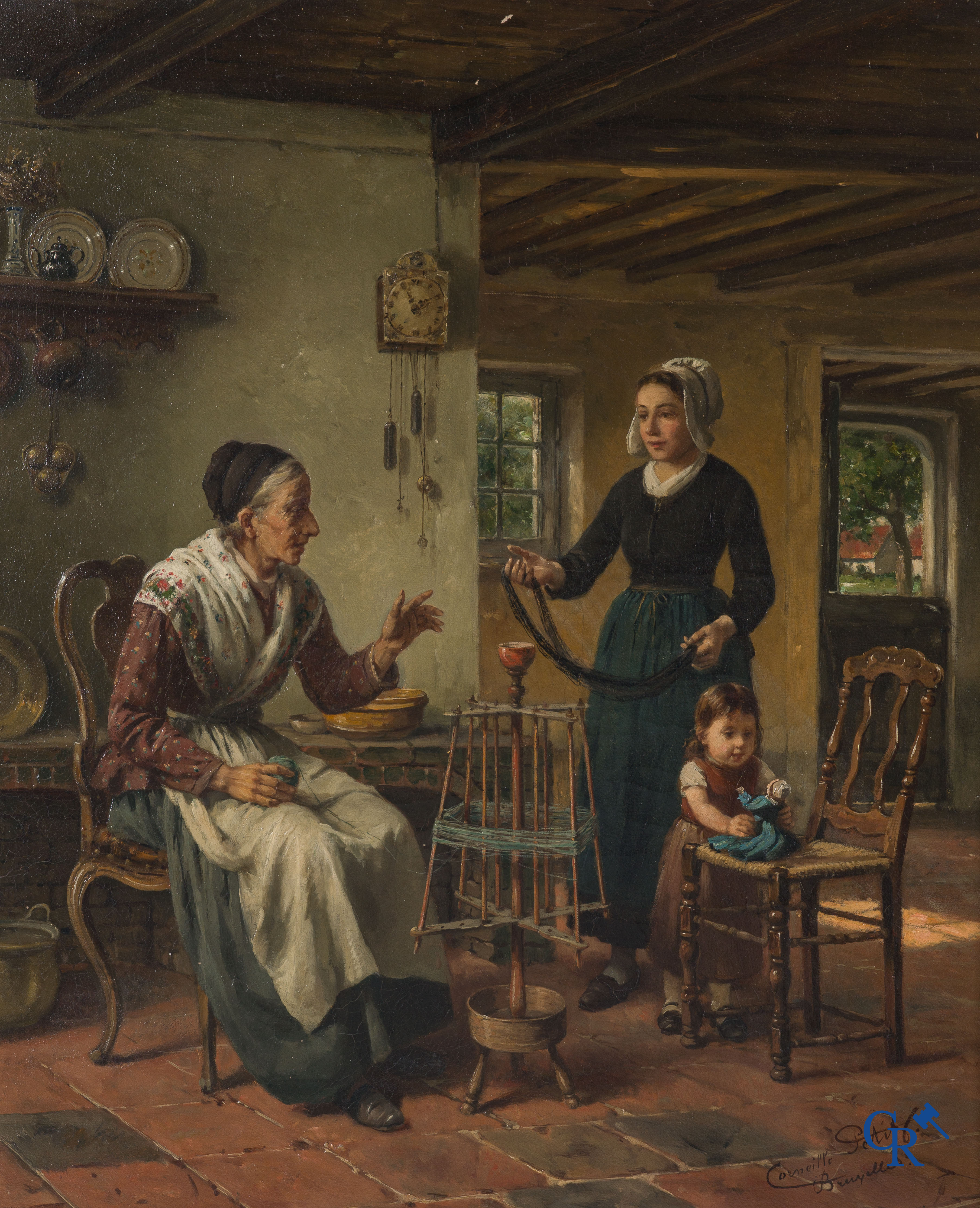 Corneille Petit, "Le dévidoir" interior scene, oil on canvas. Signed Corneille Petit Bruxelles.