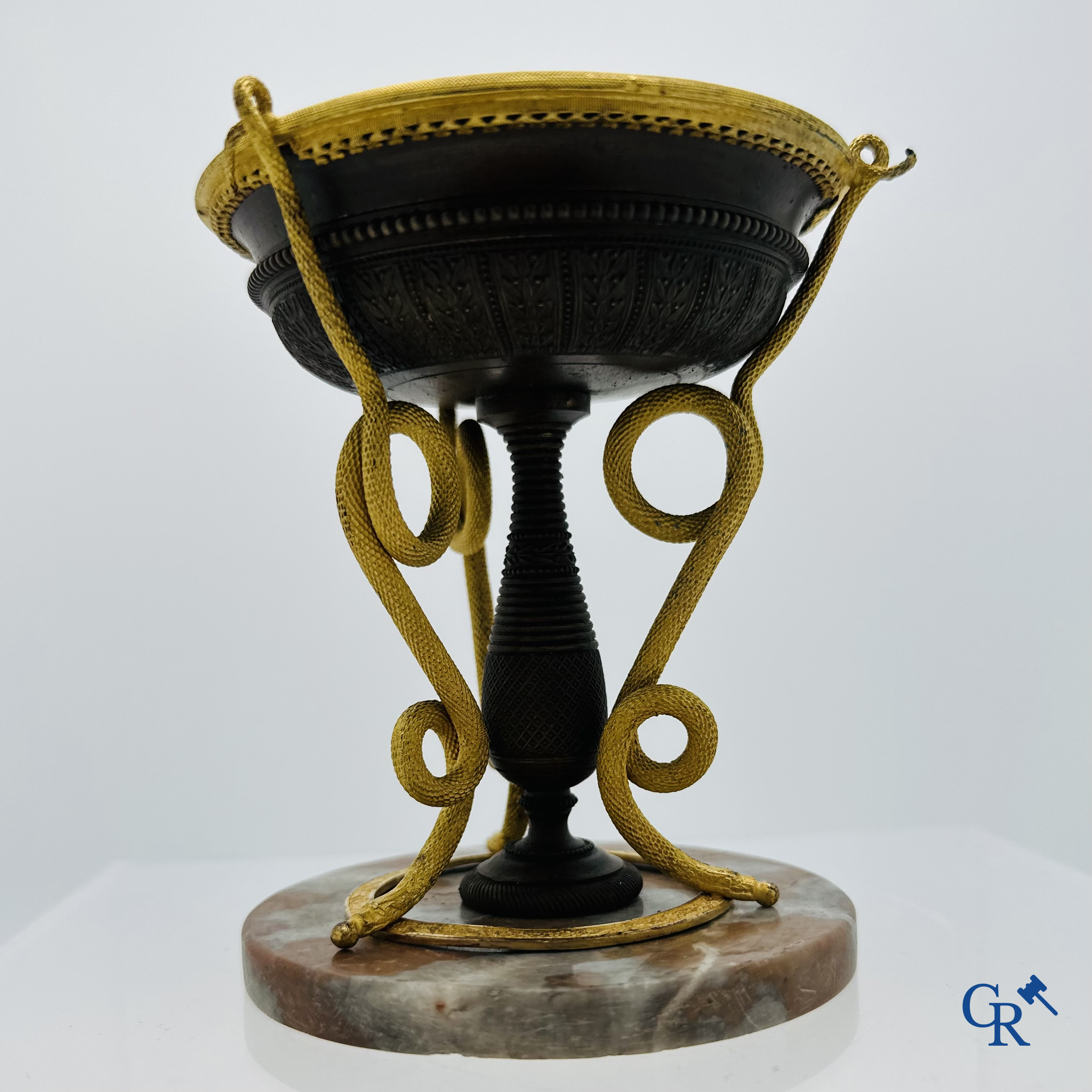 Restoration Period: Tazza with decorations of snakes in gilded and patinated bronze.