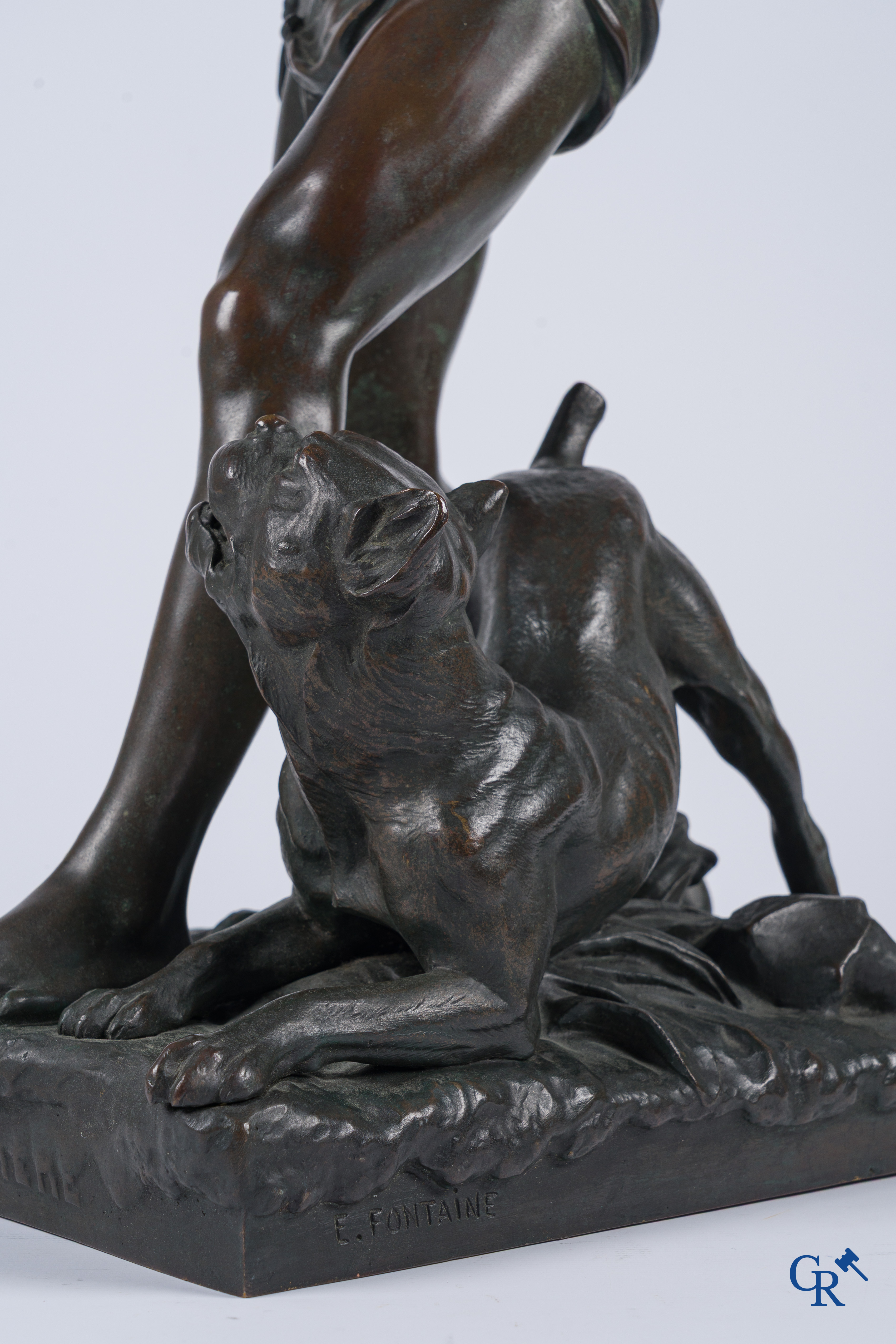 Emmanuel Fontaine, Bronze. "A la Rivière" Garçon avec chien. Signé E. Fontaine.