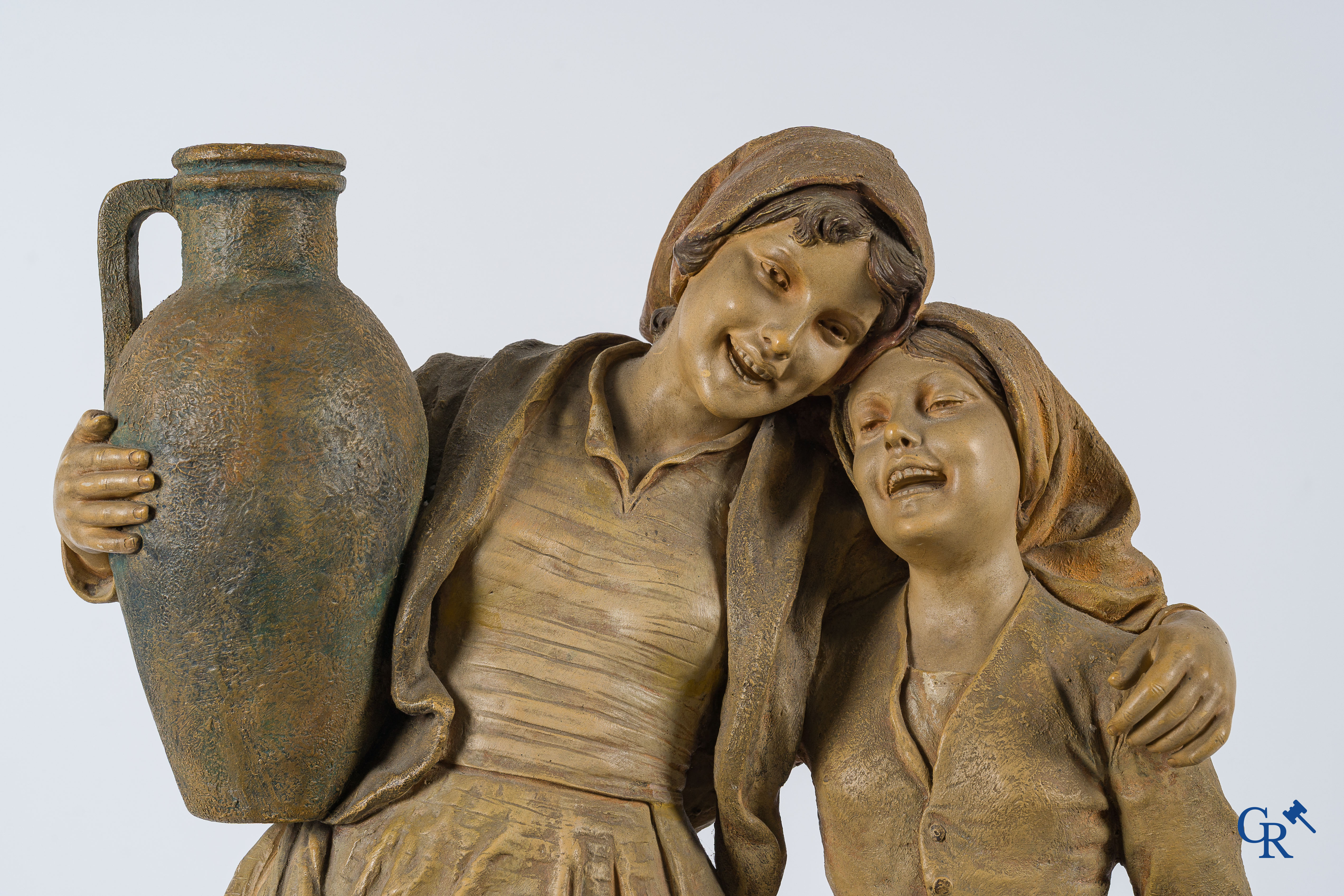 Friedrich Goldscheider Wien. Large terra cotta statue, the water bearers. Signed G. Tole, circa 1910.