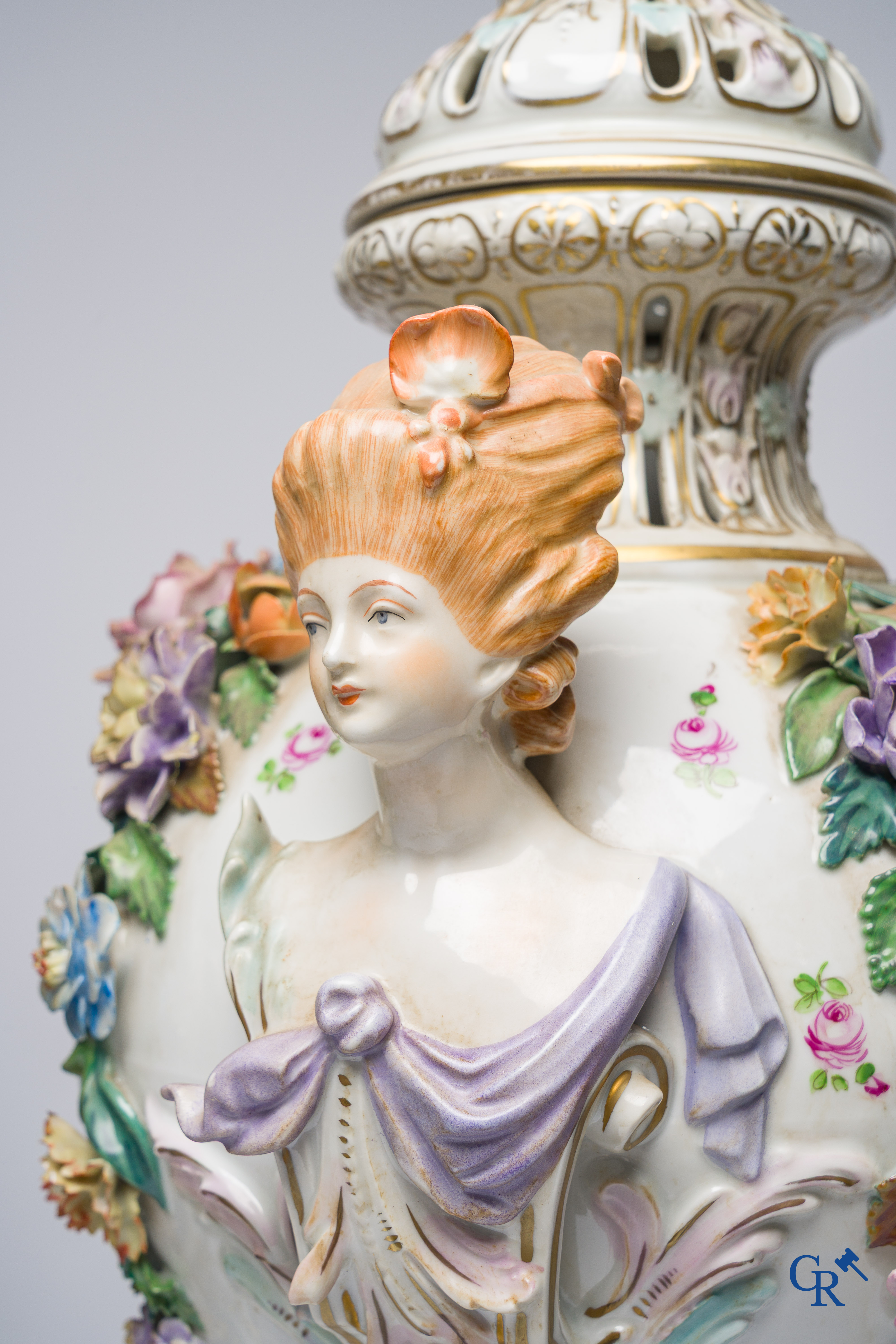 Dresden, German porcelain. Pair of large lid vases with romantic scenes. On base. Marked and numbered.