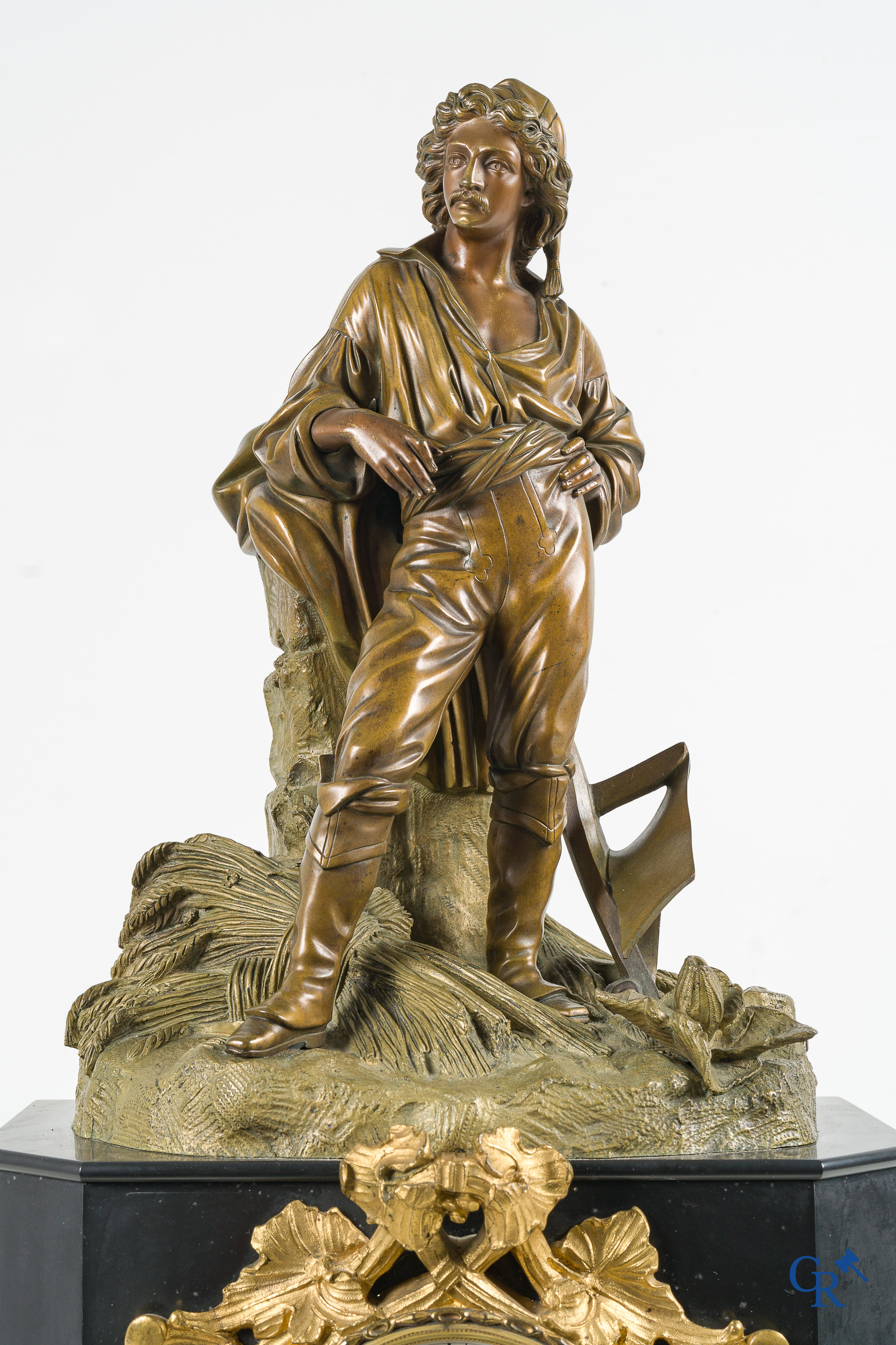 Large fireplace clock in black marble and bronze. Enamelled dial and minute indication. Napoleon III Period.