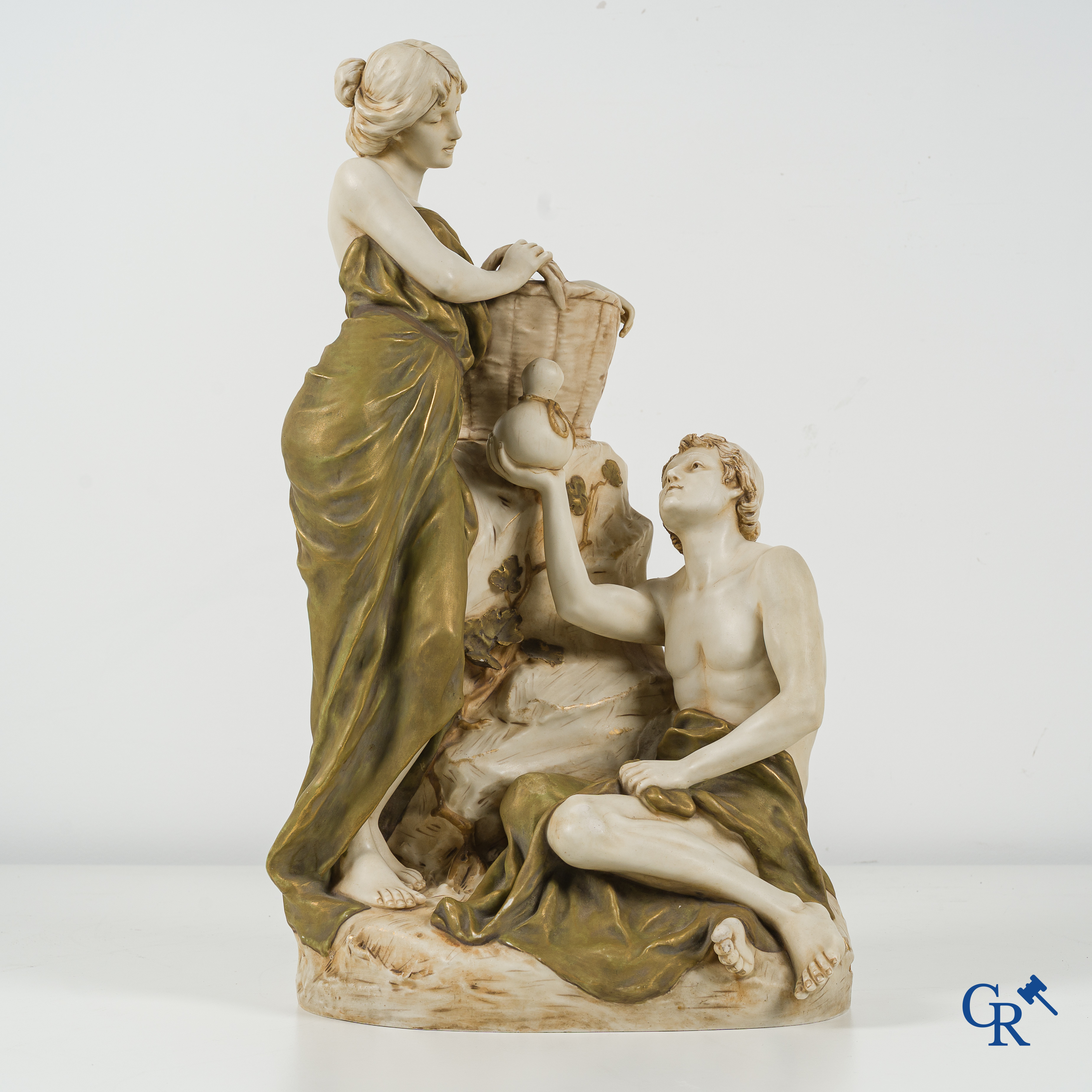 Royal Dux Bohemia. Large porcelain group with 2 characters. Circa 1900. Marked.