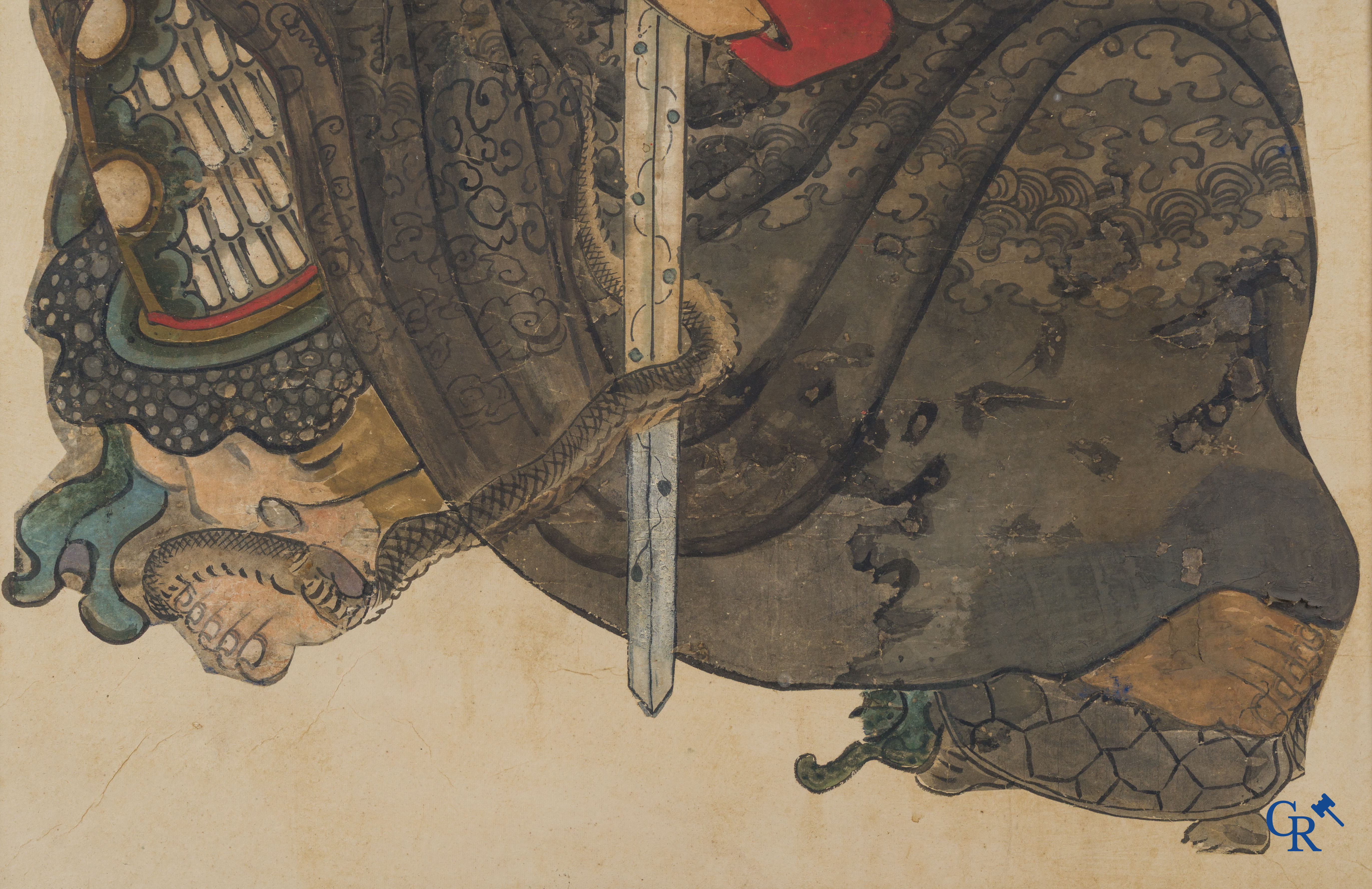 Art Asiatique, école chinoise, représentation de Guan Yu. Encre, huile et couleur sur papier. XVIIe-XVIIIe siècle.