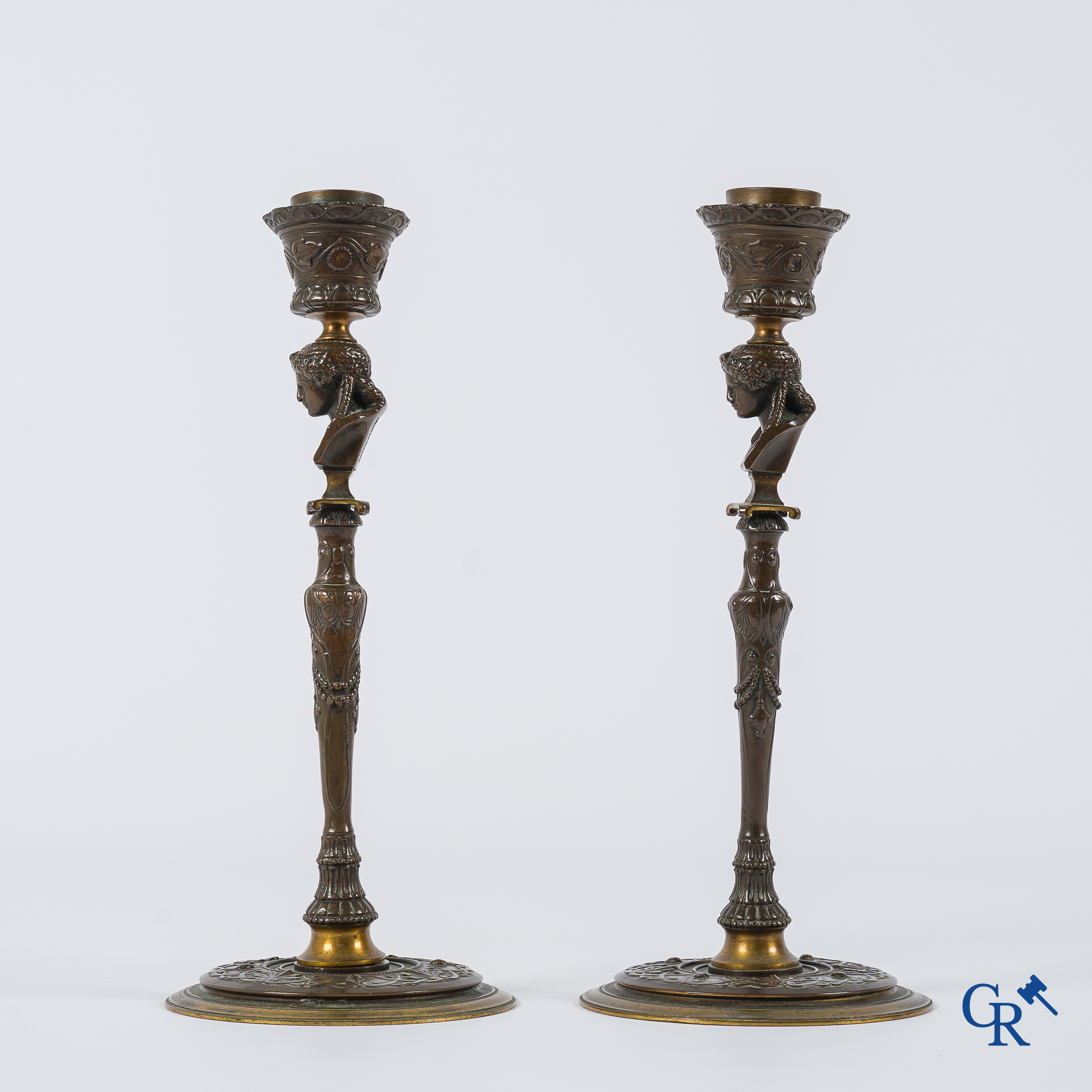 F. Barbedienne. A pair of finely chiseled bronze candlesticks with caryatids. Signed, circa 1880.