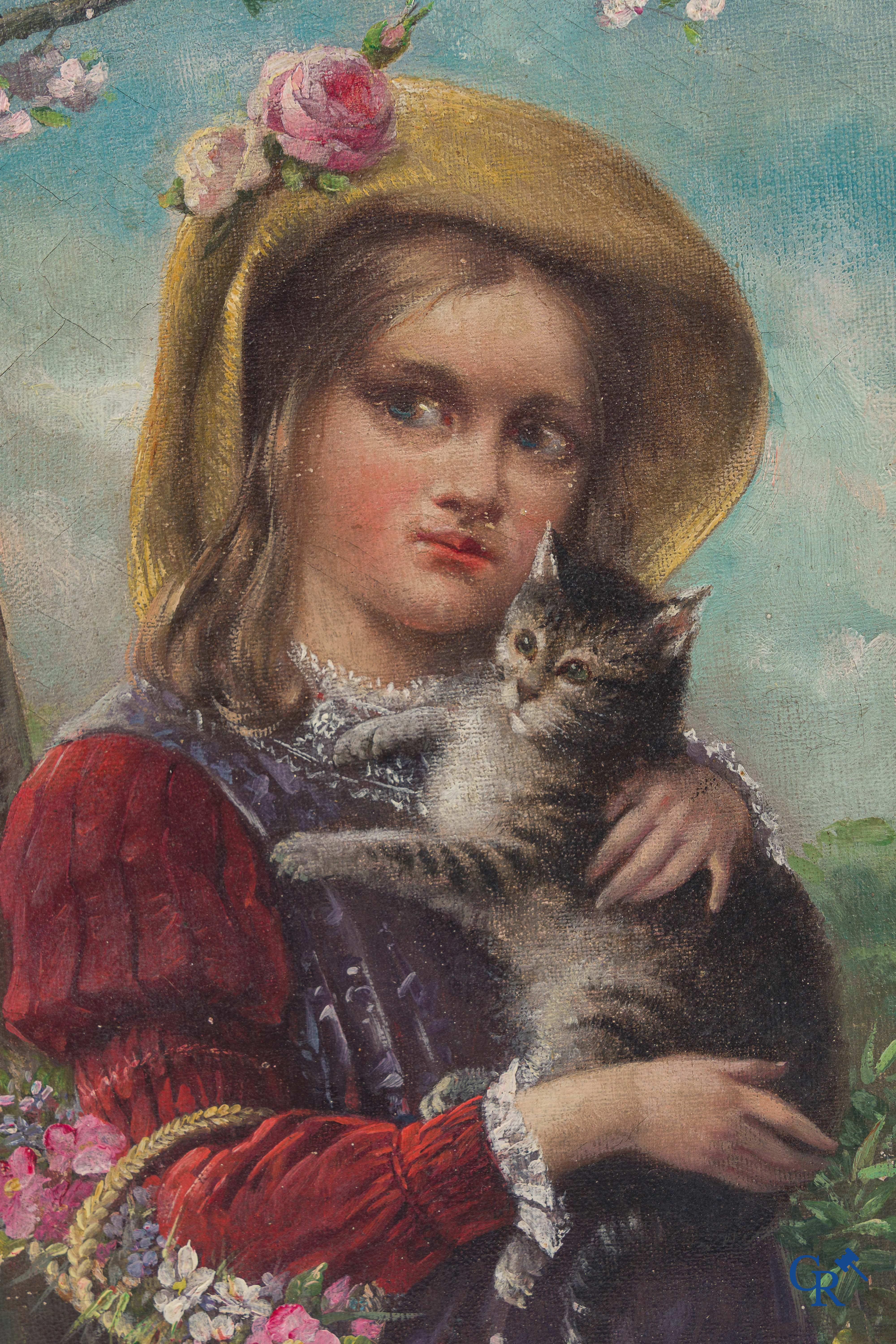 2 romantic paintings, girl with cat and 2 playing dogs, signed De La Royèra, 1890.