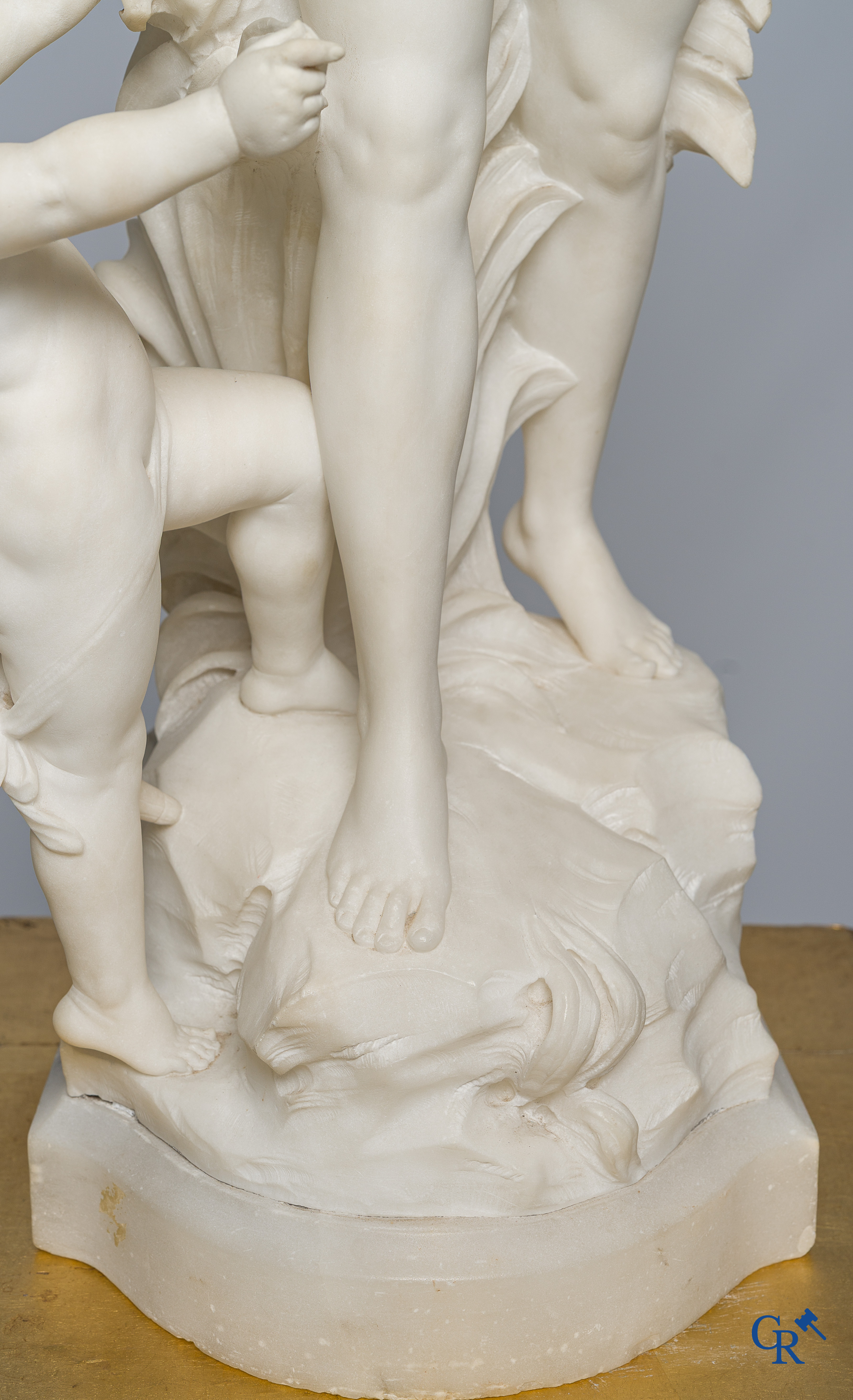 Cipriani. Romantic representation in sculpted marble. Young lady with cupid. LXVI style pedestal. Circa 1900.