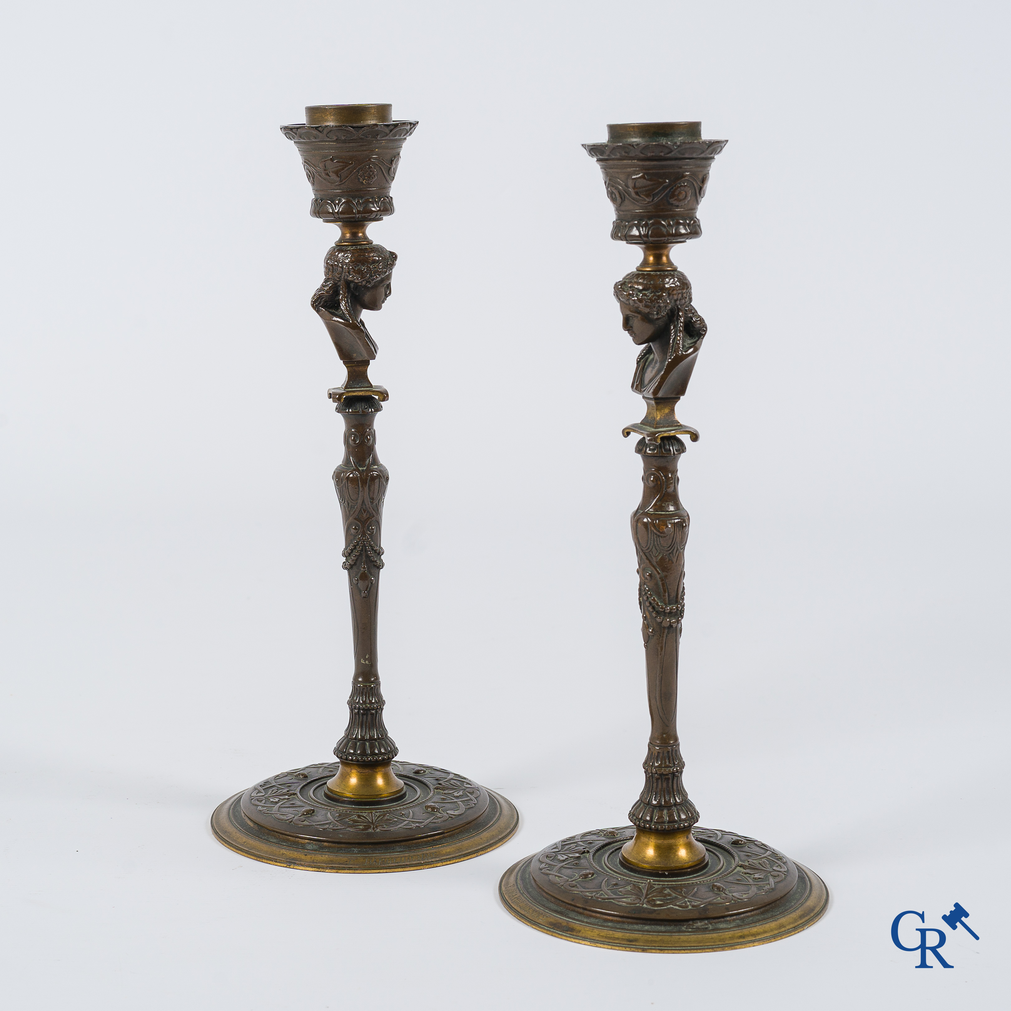 F. Barbedienne. A pair of finely chiseled bronze candlesticks with caryatids. Signed, circa 1880.