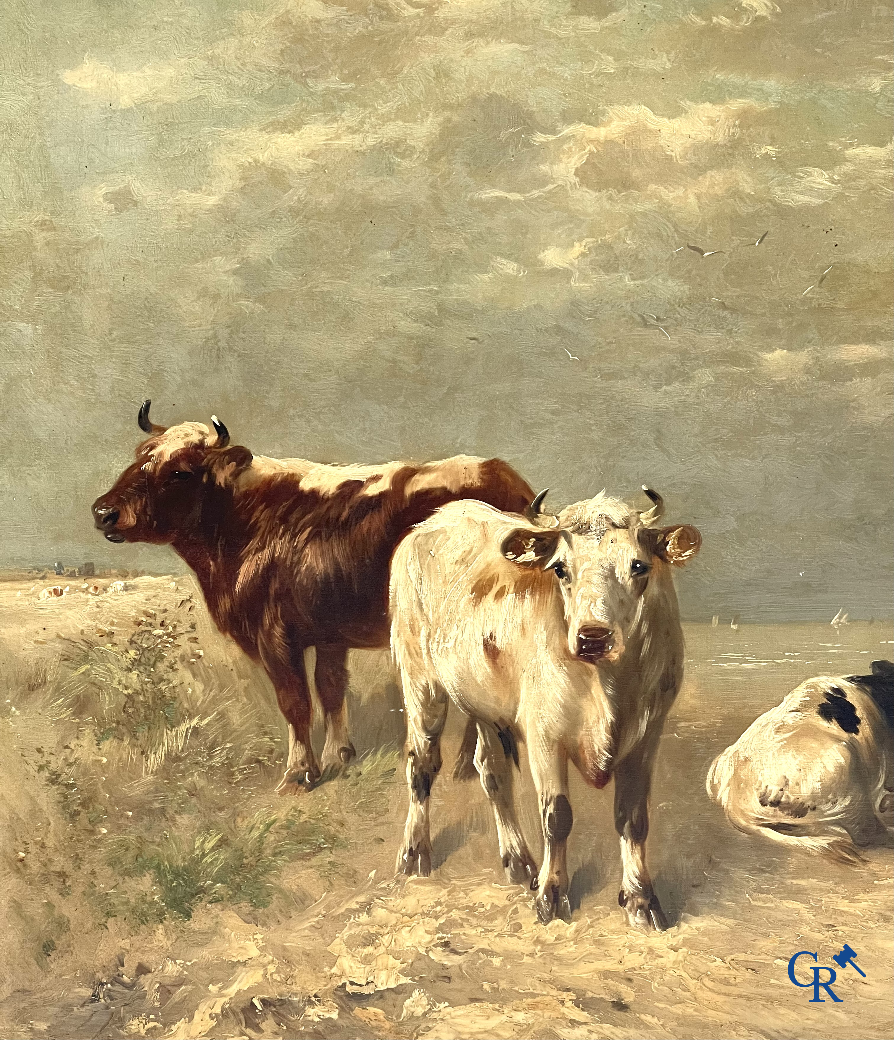 Henry Schouten. Cows in the dunes. Large painting with gilded frame. Signed lower right.