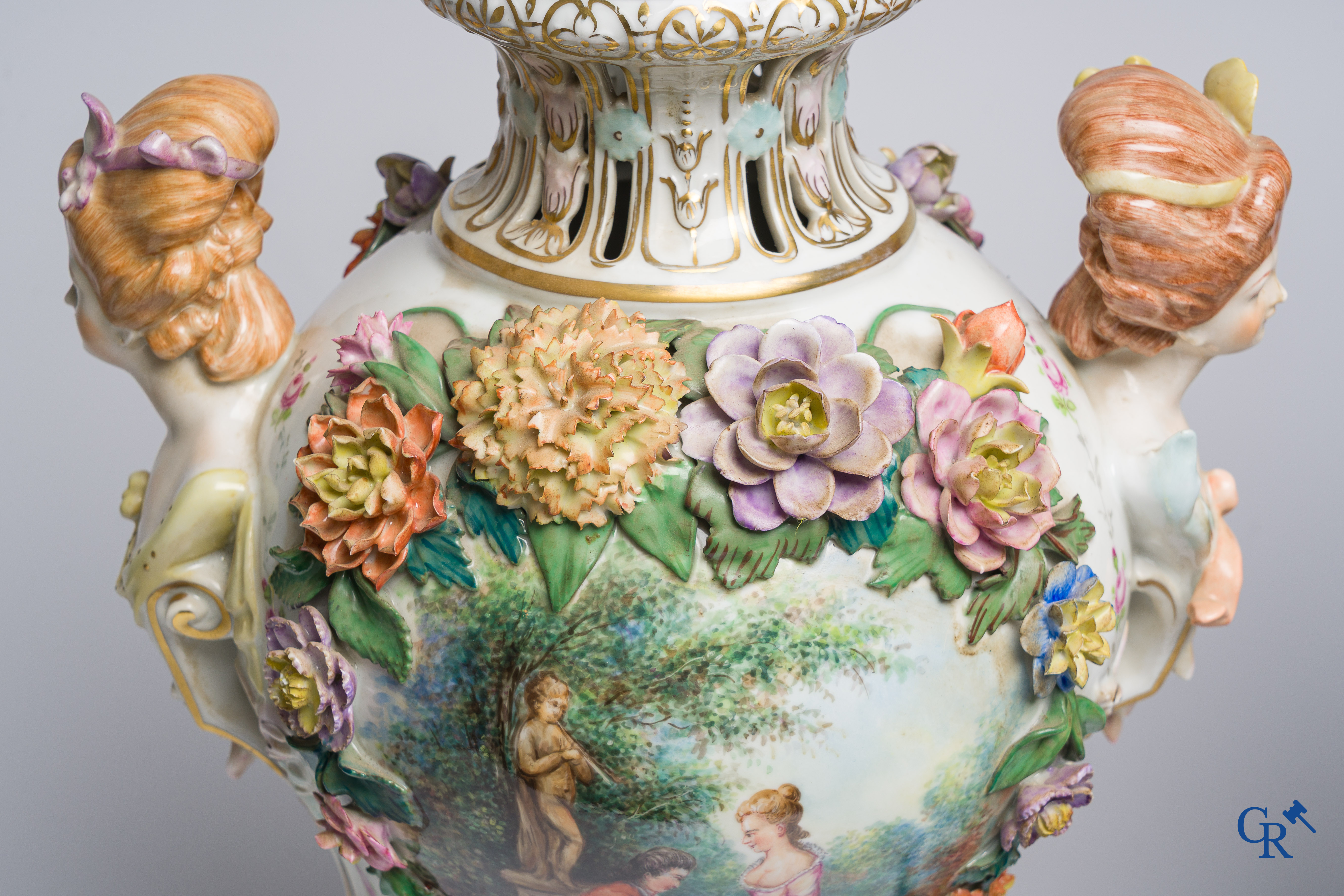 Dresden, German porcelain. Pair of large lid vases with romantic scenes. On base. Marked and numbered.