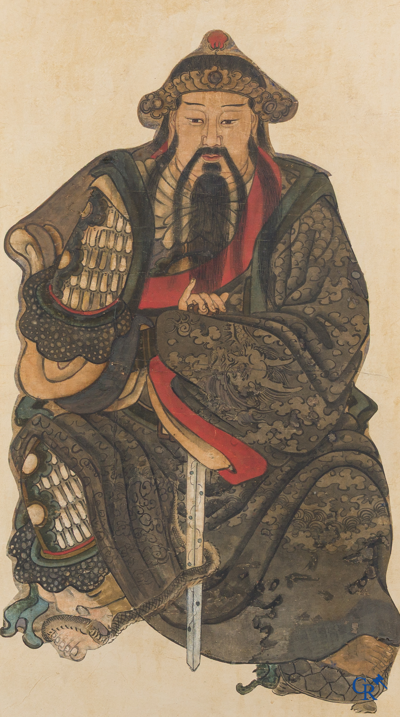 Art Asiatique, école chinoise, représentation de Guan Yu. Encre, huile et couleur sur papier. XVIIe-XVIIIe siècle.