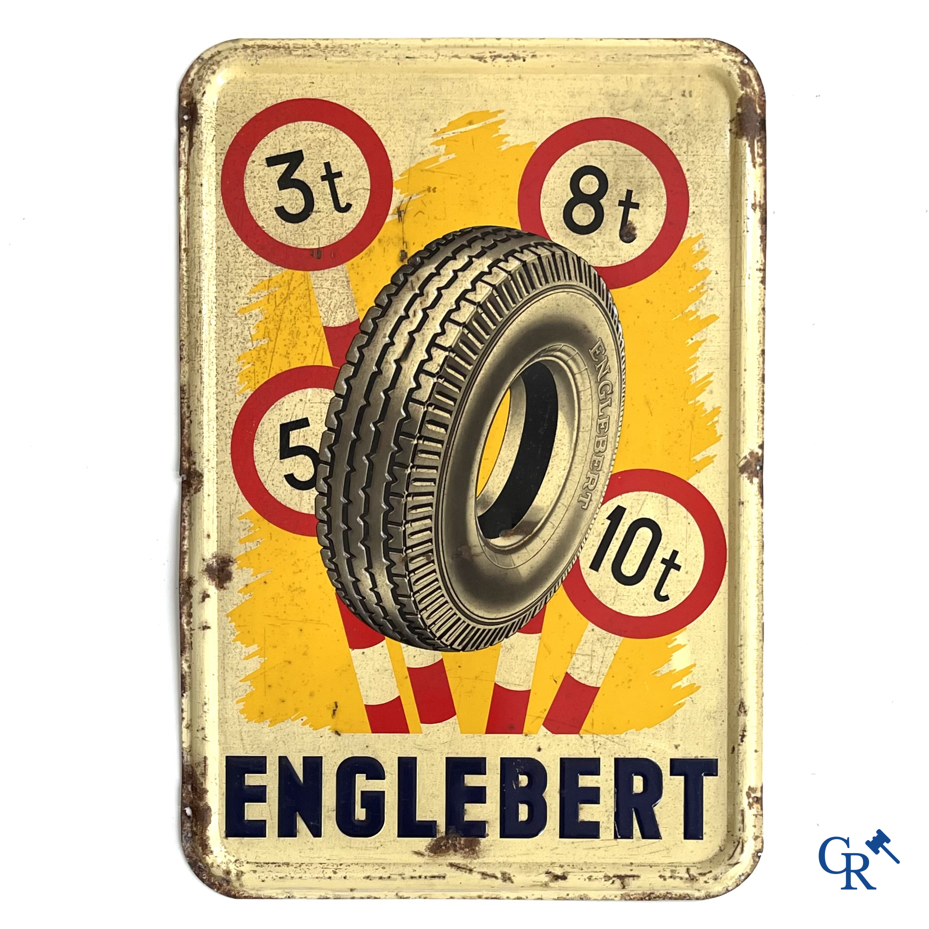 Englebert, publicity printed on metal for Englebert tyres. Etabl. J. Schuybroek S.A. Hoboken Anvers. 1951.