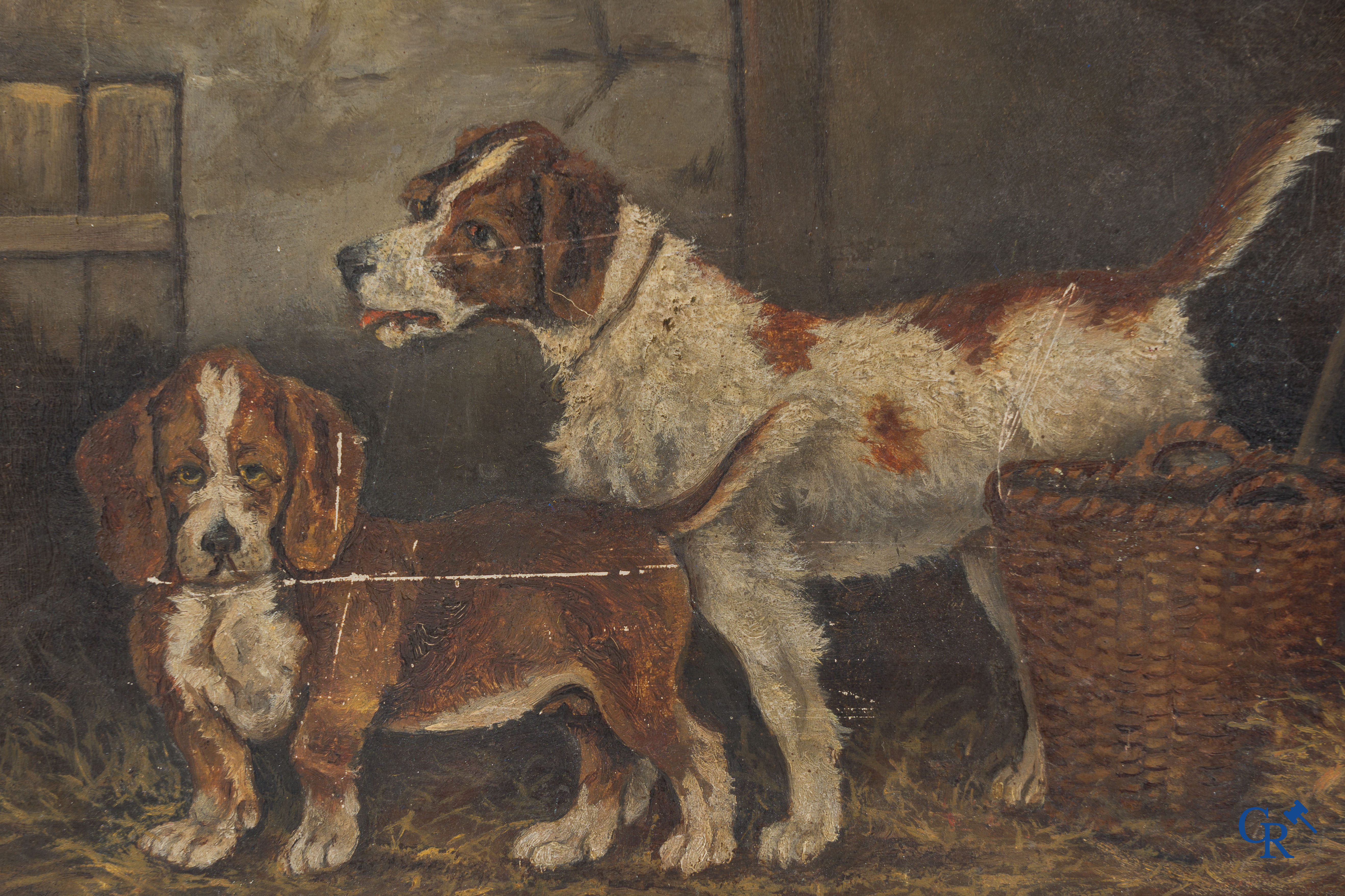 2 romantic paintings, girl with cat and 2 playing dogs, signed De La Royèra, 1890.