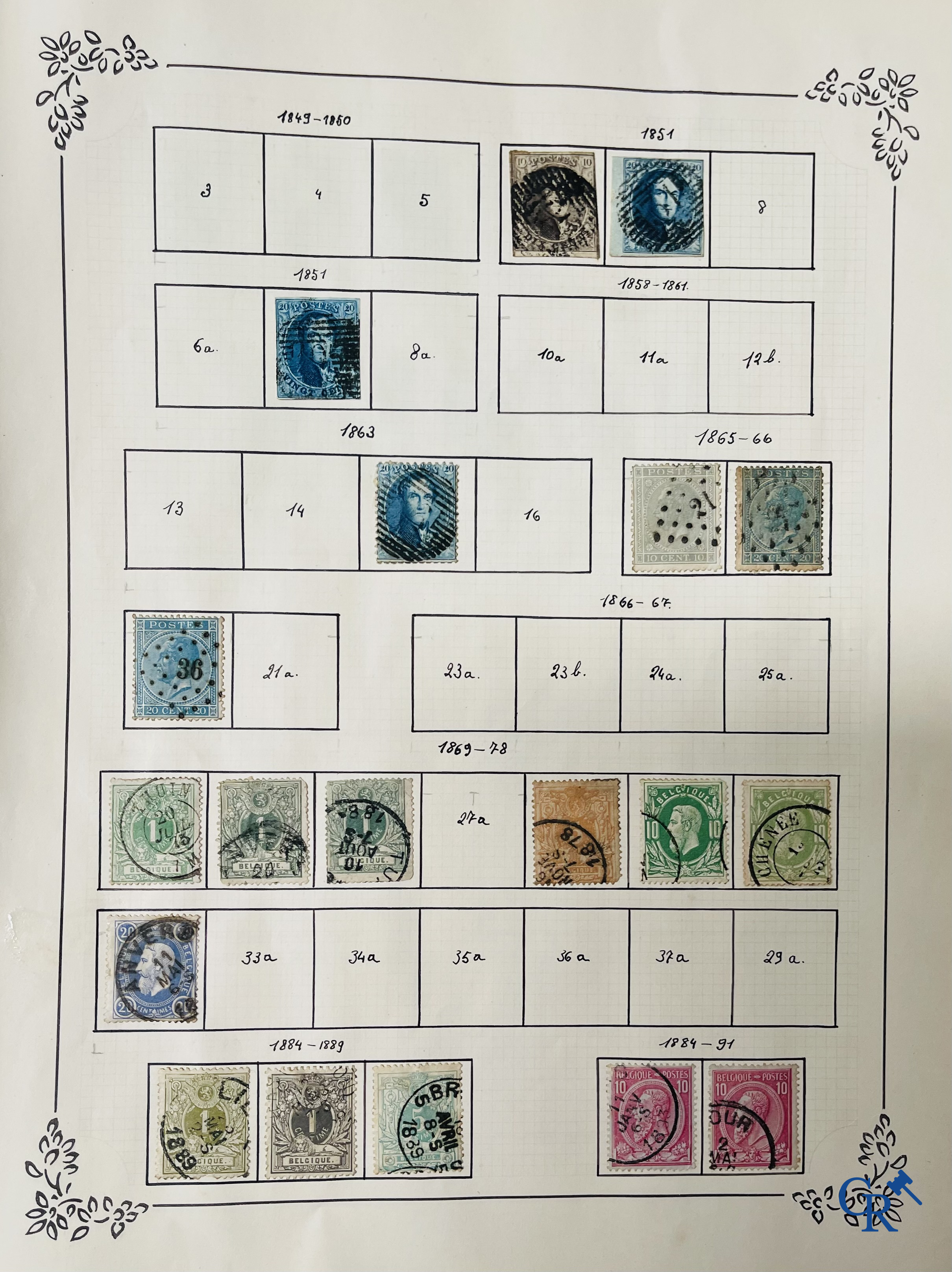 Philately. Album with various rare antique stamps, including early Belgian stamps.