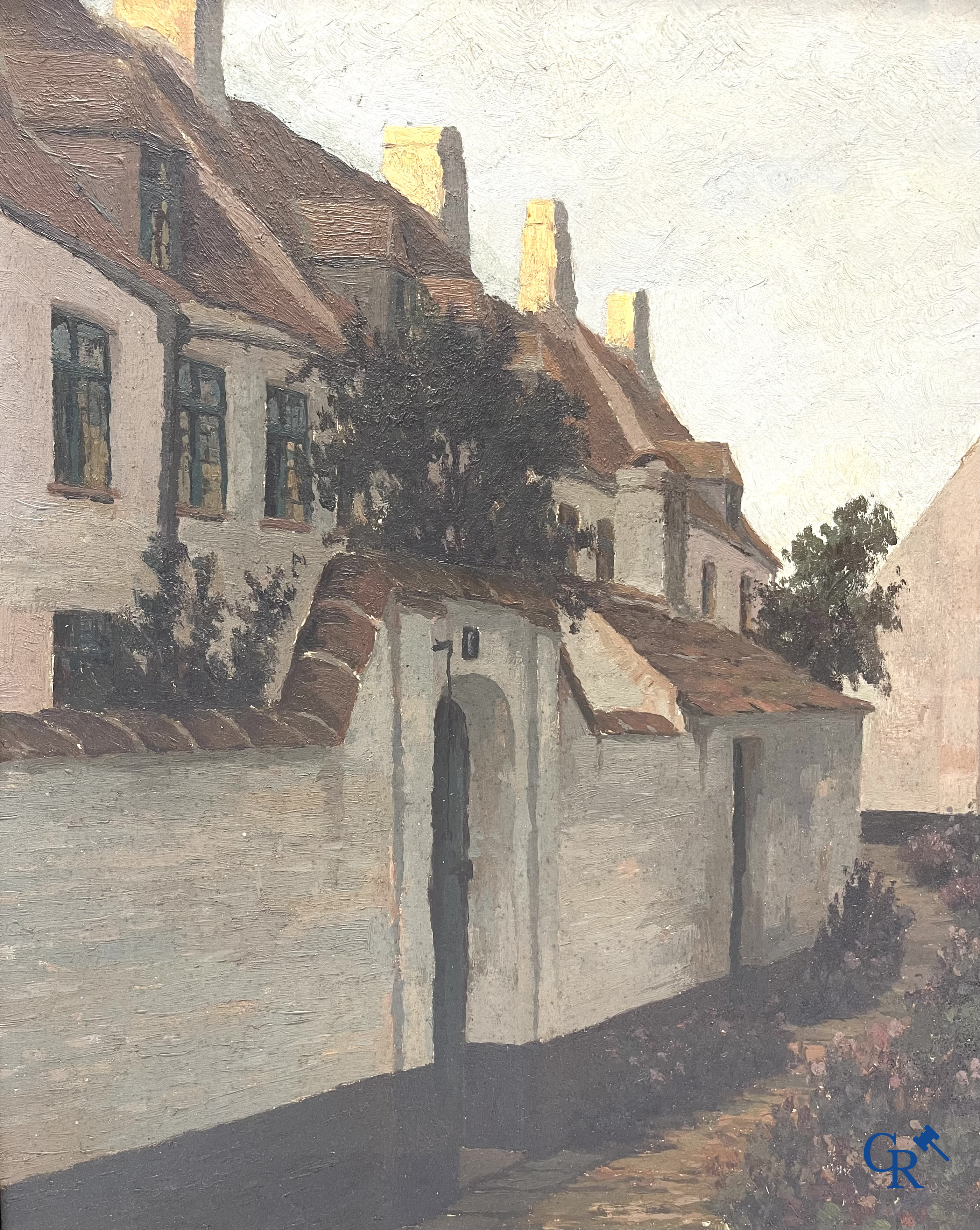Van Sassenbrouck. View of the beguinage. Oil on hardboard. Signed lower right.