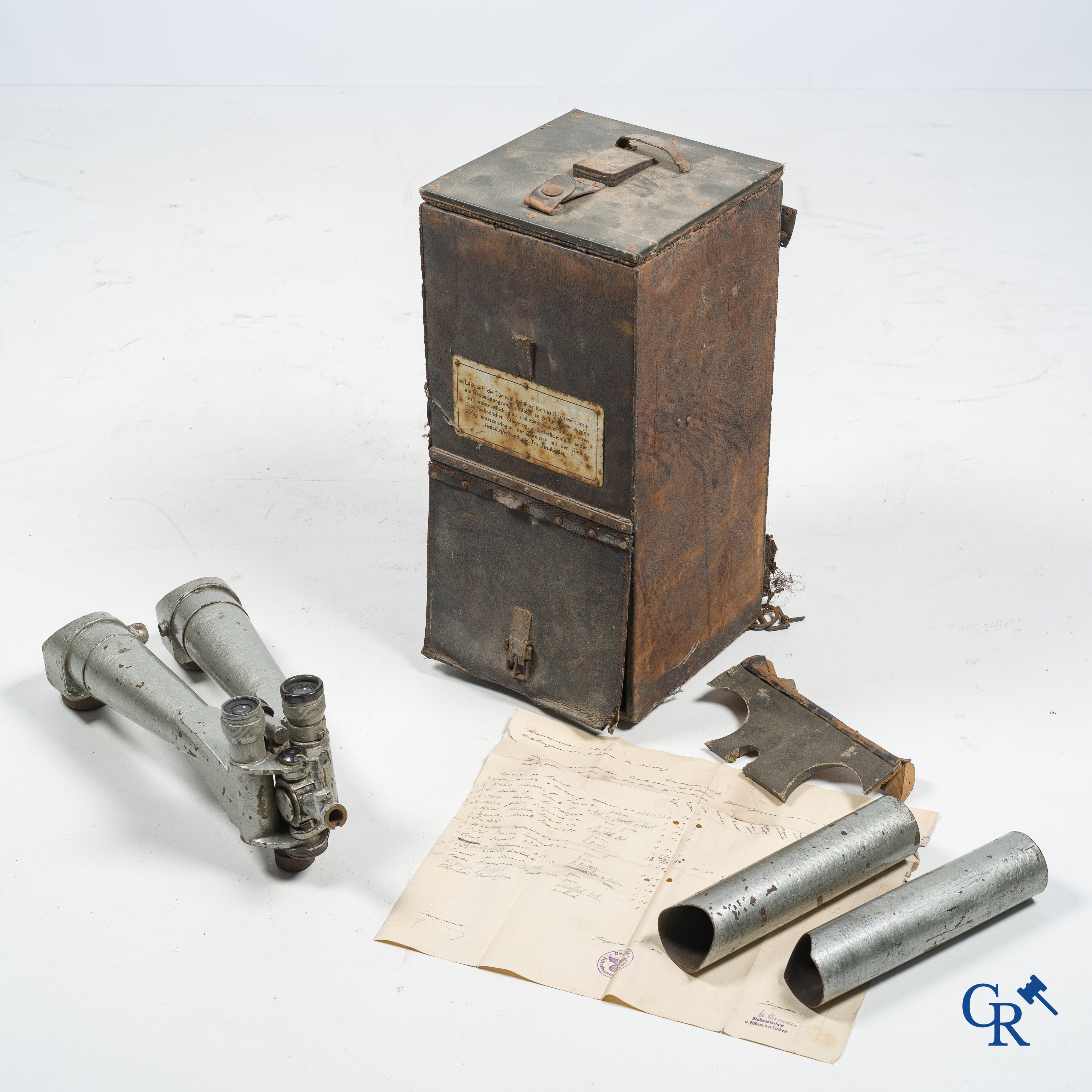 Militaria. German military scissor binoculars or Scherenfernrohr WWI in storage box and a German military document WWII.