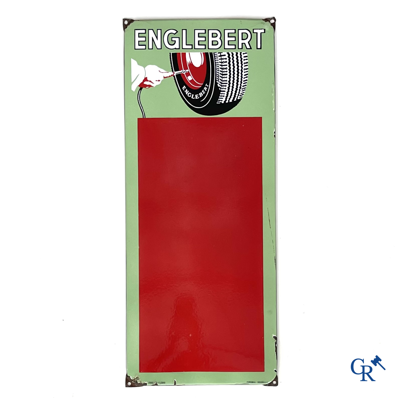 Englebert, Enamel advertising sign to specify the pressure of Englebert tires. Foremail Bruxelles 1949.