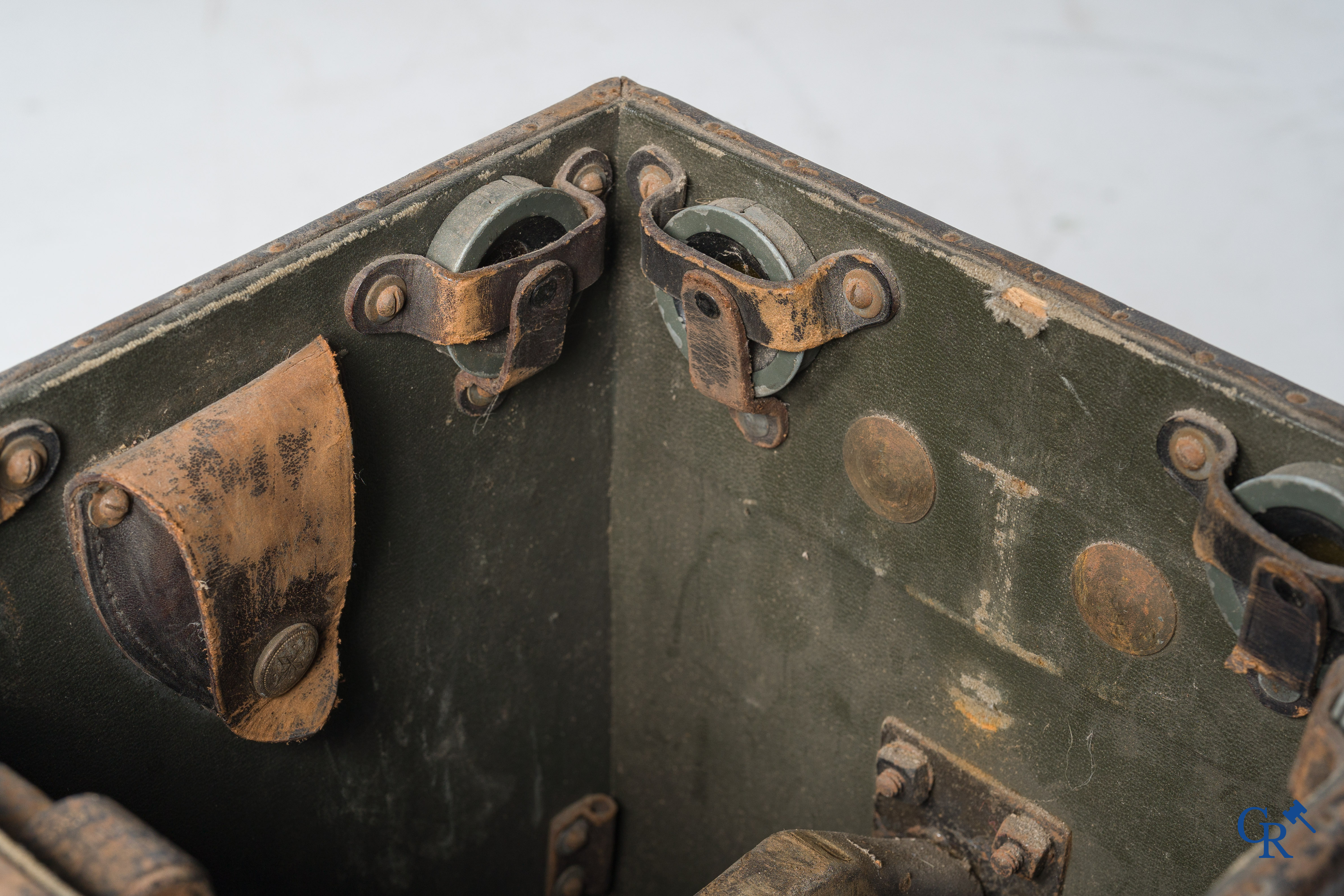 Militaria. German military scissor binoculars or Scherenfernrohr WWI in storage box and a German military document WWII.
