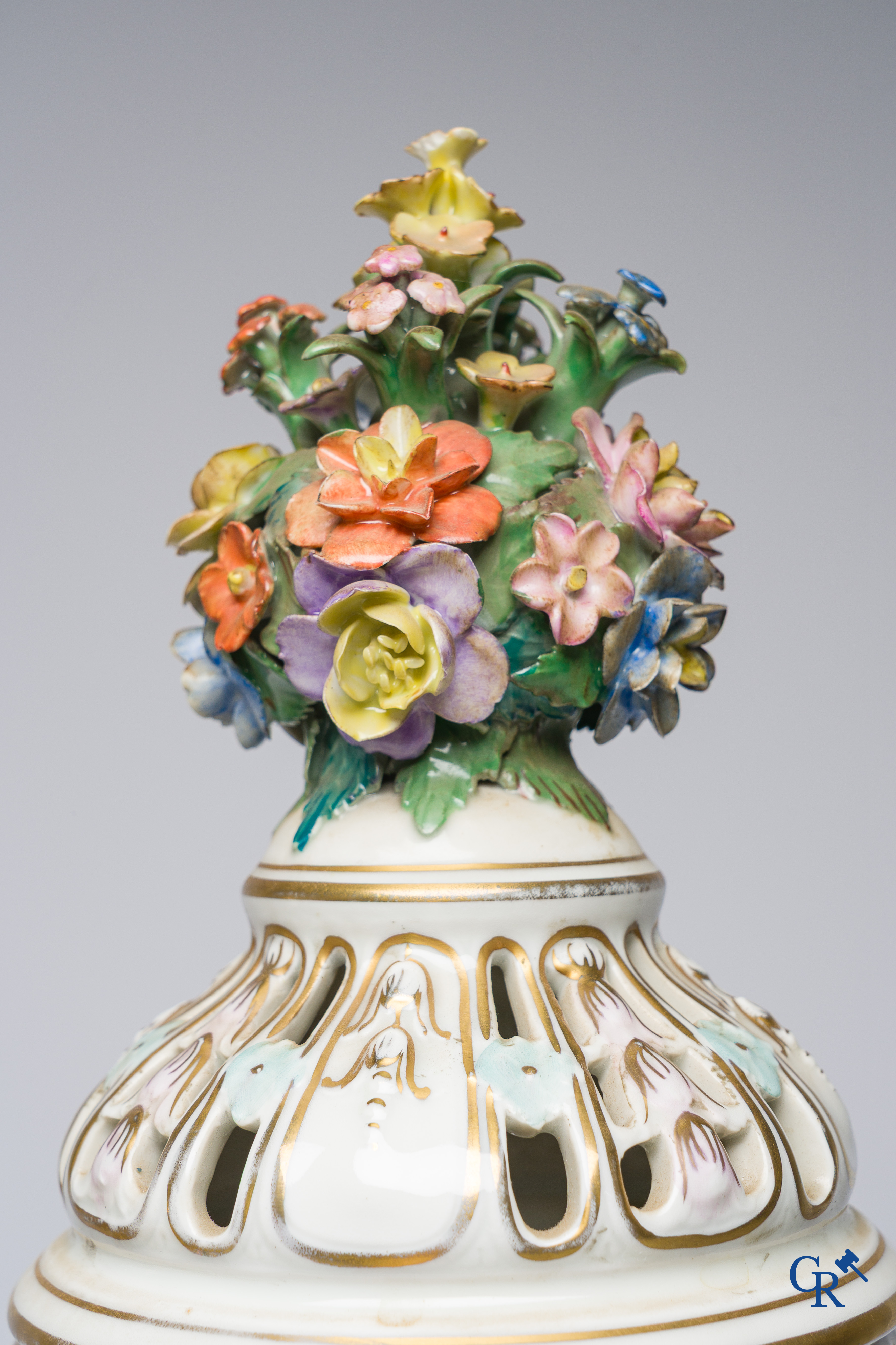 Dresden, German porcelain. Pair of large lid vases with romantic scenes. On base. Marked and numbered.