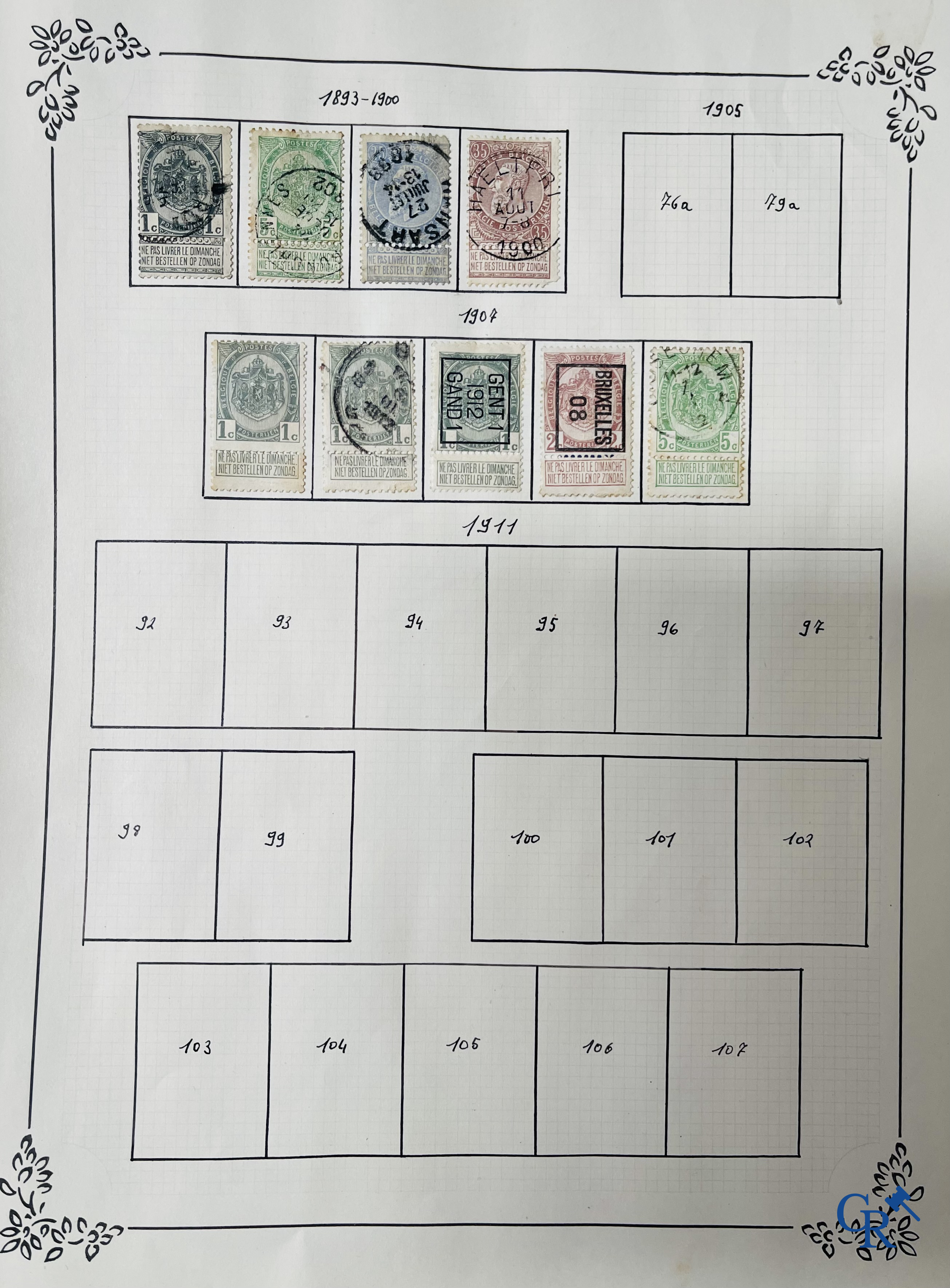 Philately. Album with various rare antique stamps, including early Belgian stamps.