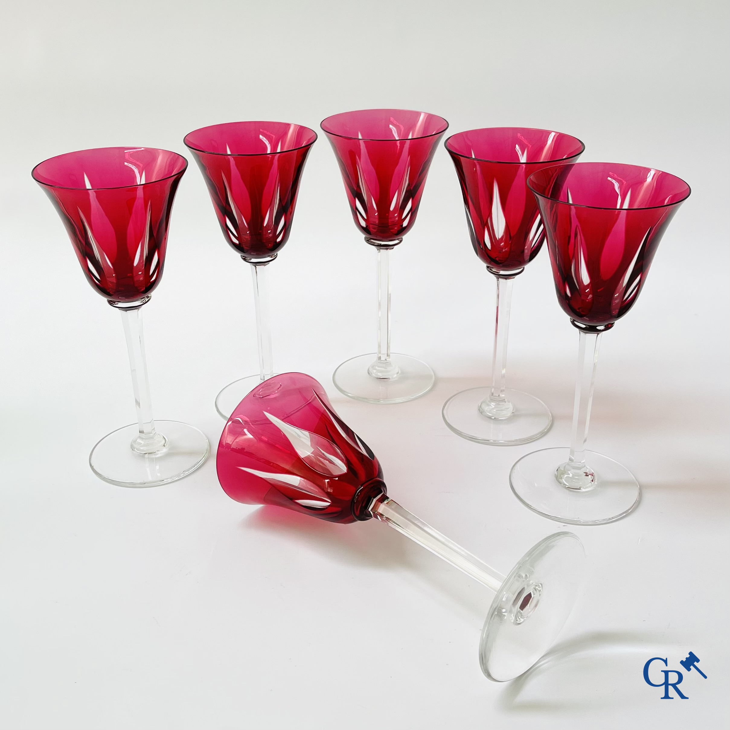 Cristal St. Louis France. A set of 18 coloured and cut glasses in crystal of Saint-Louis. In the original box.