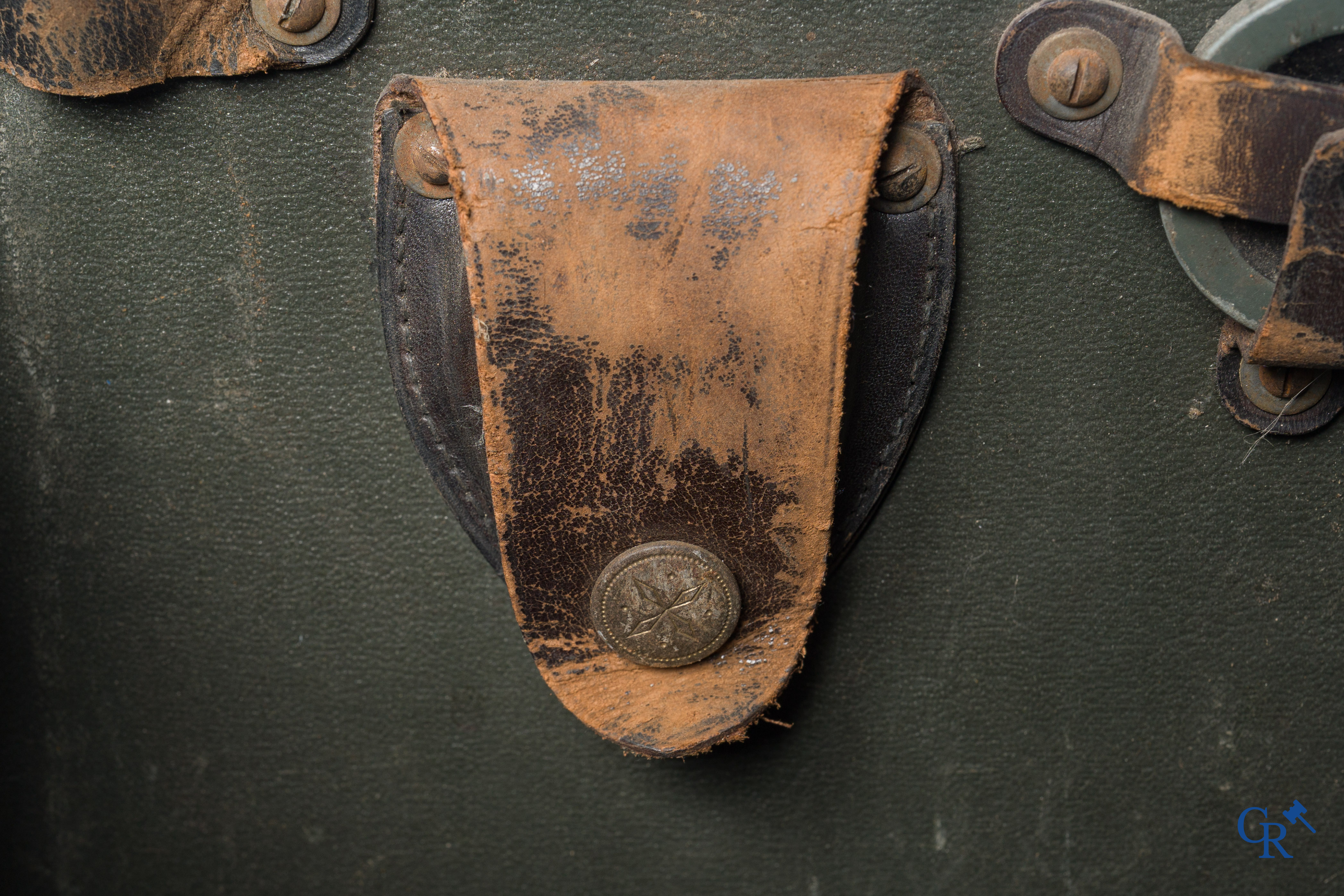 Militaria. German military scissor binoculars or Scherenfernrohr WWI in storage box and a German military document WWII.