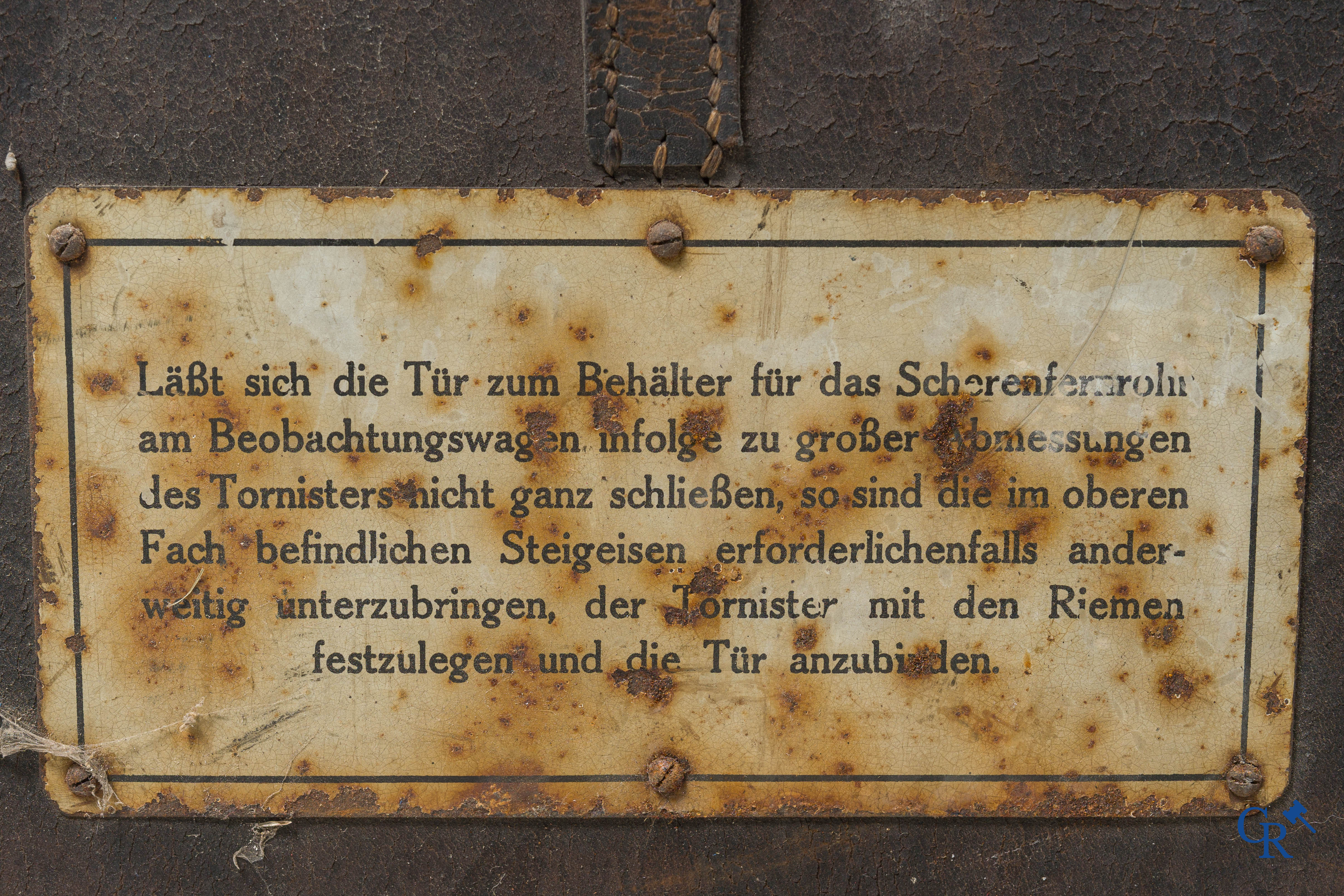 Militaria. German military scissor binoculars or Scherenfernrohr WWI in storage box and a German military document WWII.