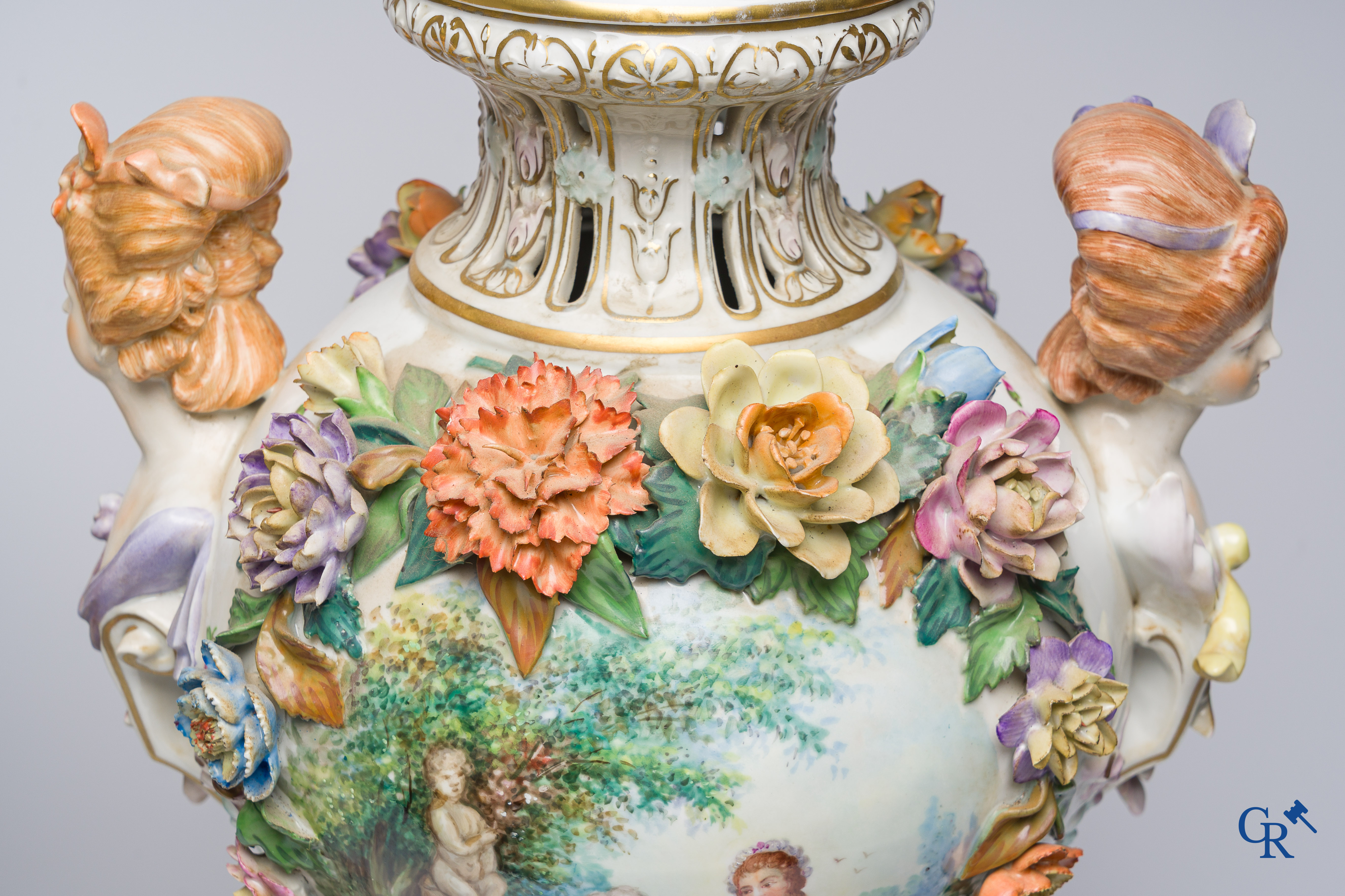 Dresden, German porcelain. Pair of large lid vases with romantic scenes. On base. Marked and numbered.