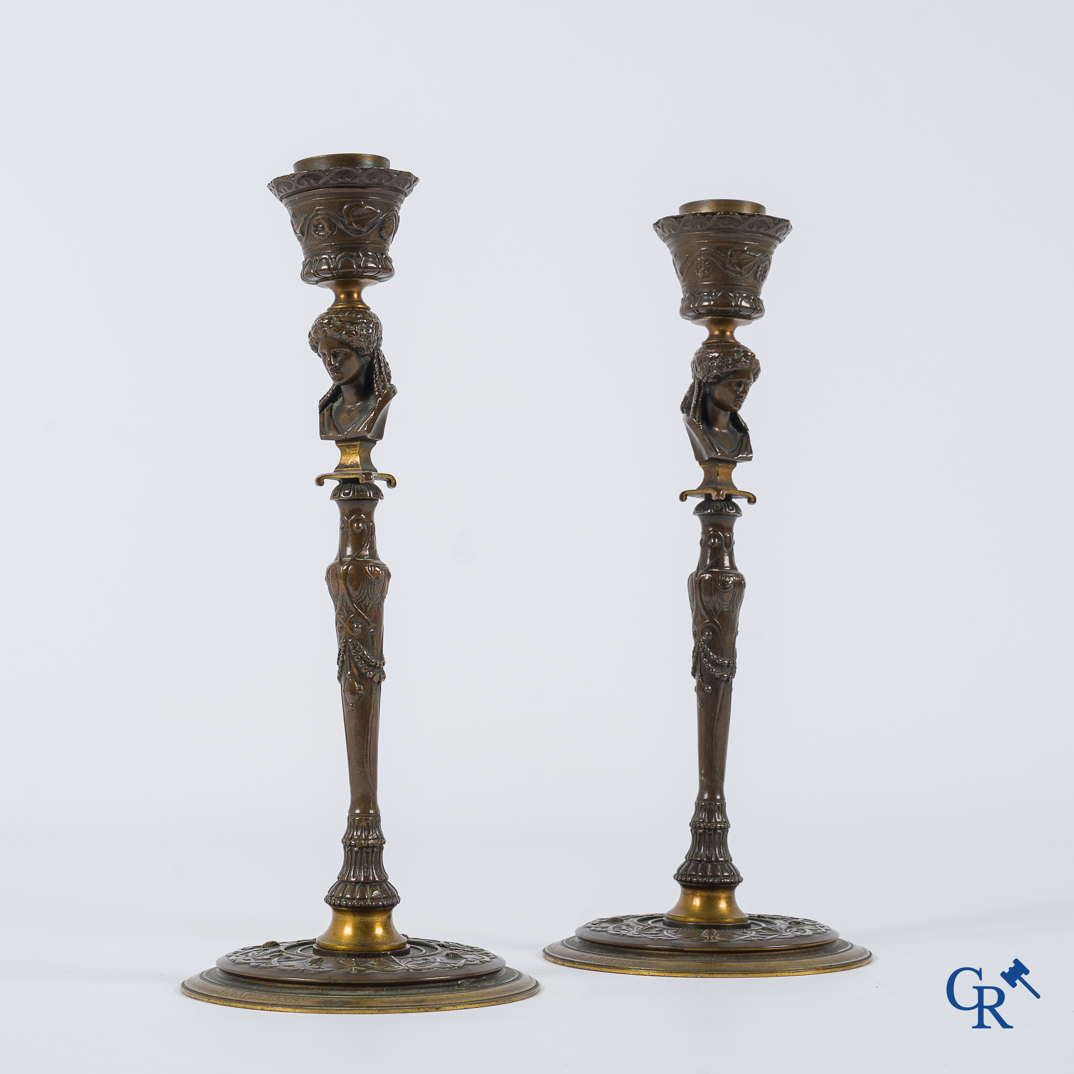 F. Barbedienne. A pair of finely chiseled bronze candlesticks with caryatids. Signed, circa 1880.