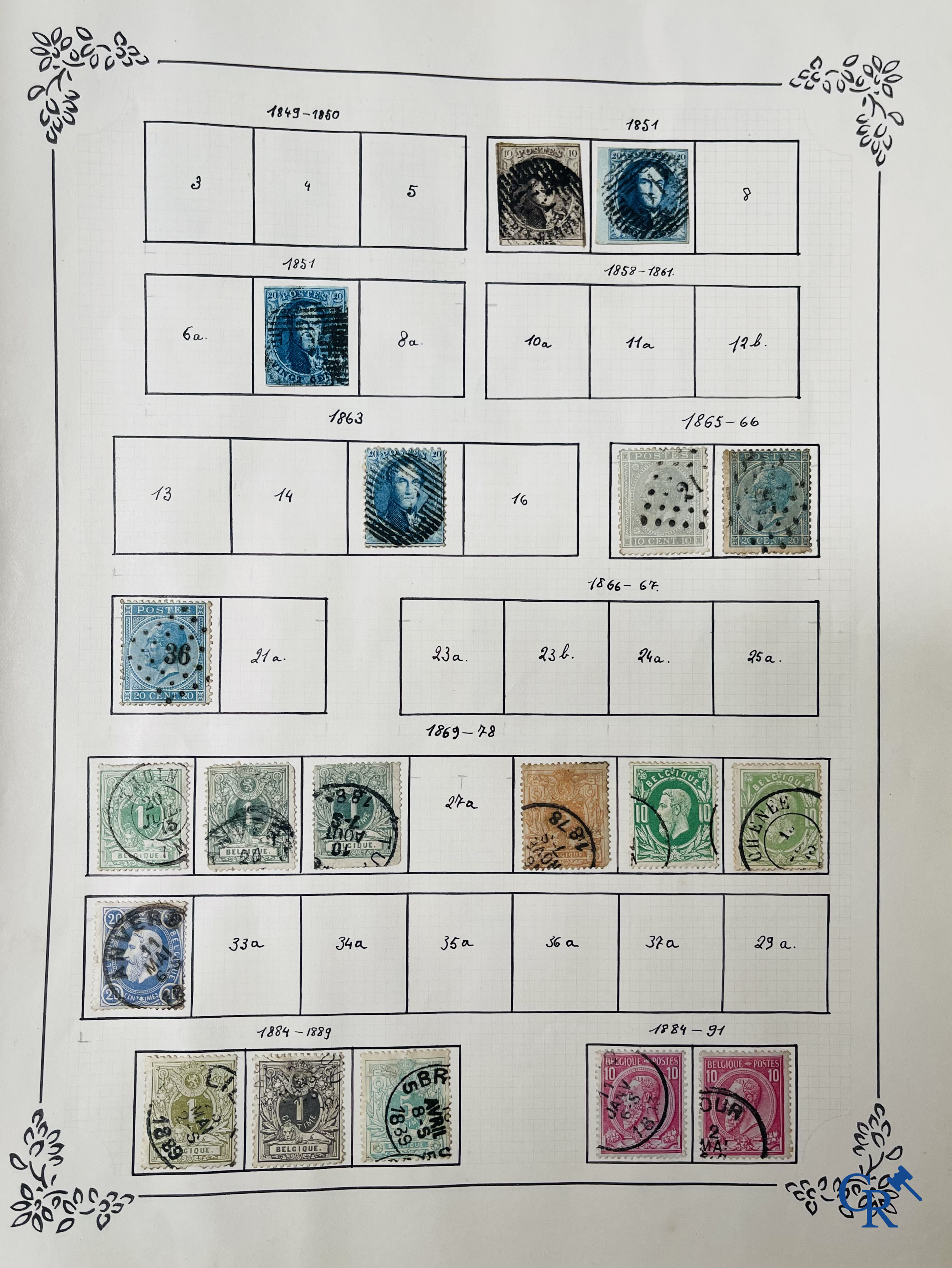 Philately. Album with various rare antique stamps, including early Belgian stamps.