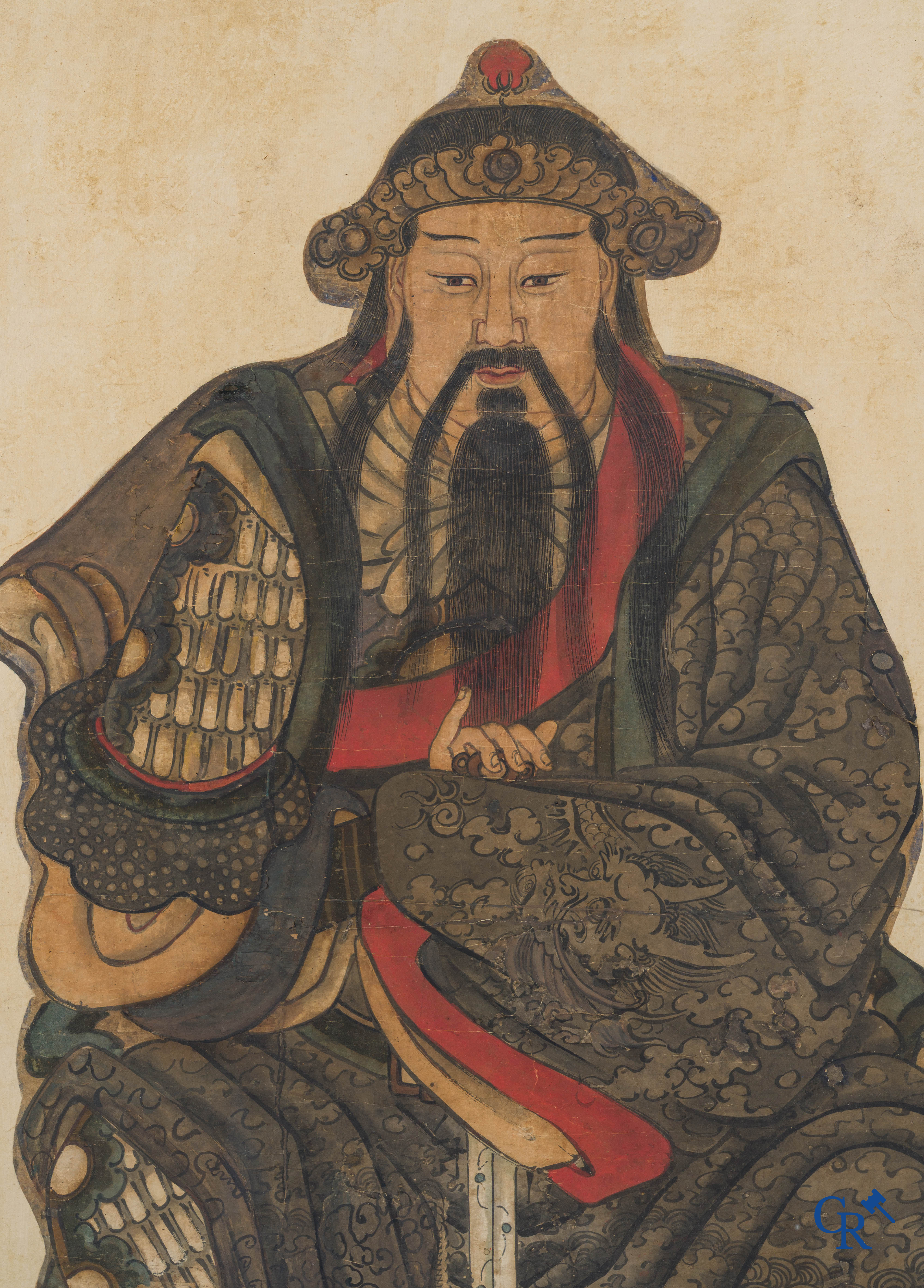Art Asiatique, école chinoise, représentation de Guan Yu. Encre, huile et couleur sur papier. XVIIe-XVIIIe siècle.