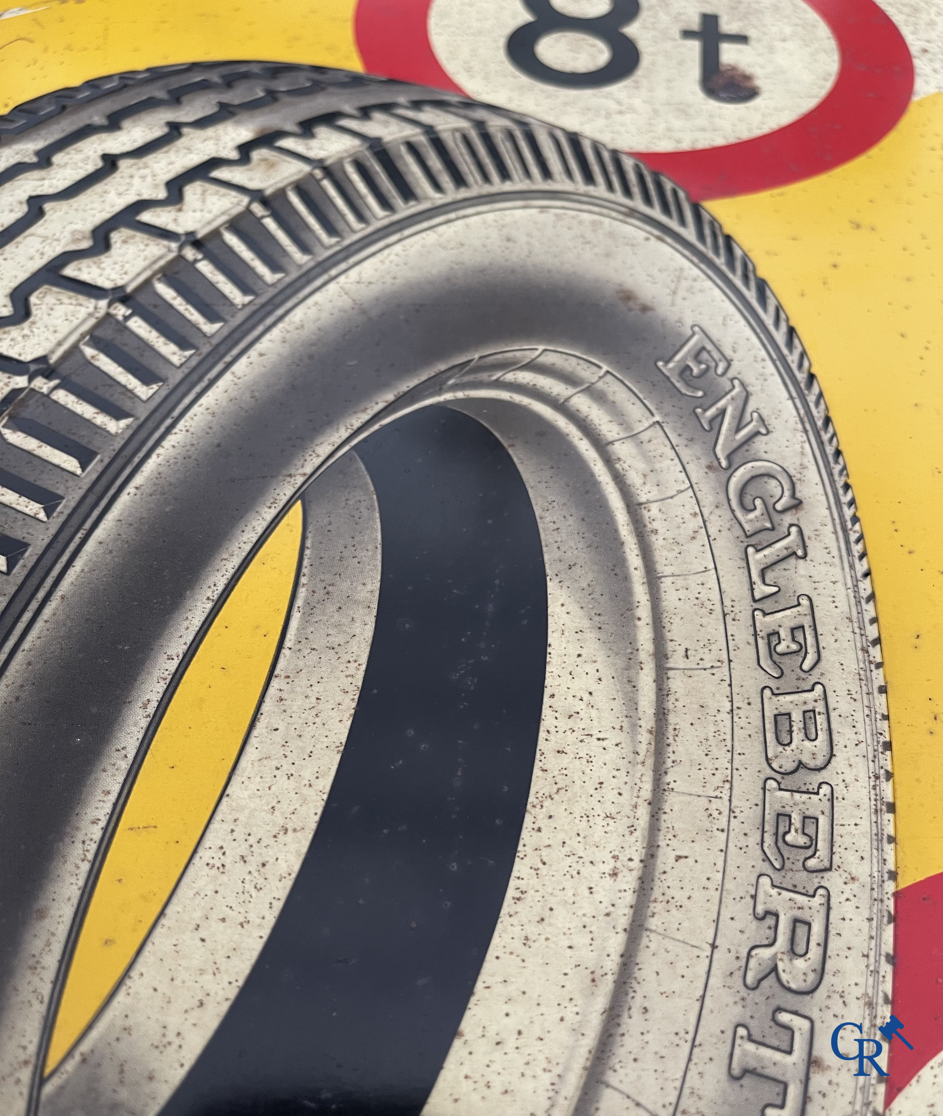 Englebert, publicity printed on metal for Englebert tyres. Etabl. J. Schuybroek S.A. Hoboken Anvers. 1951.