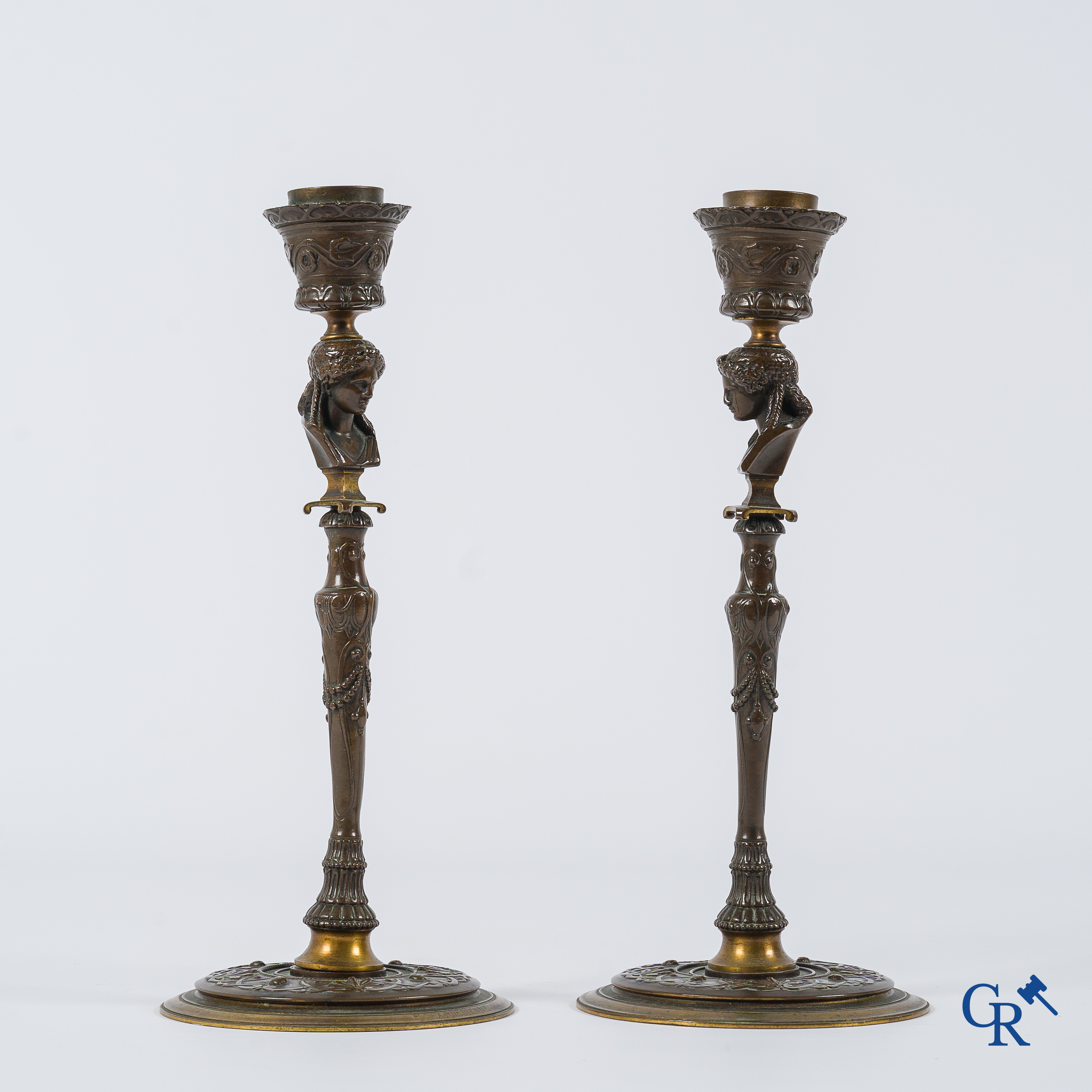 F. Barbedienne. A pair of finely chiseled bronze candlesticks with caryatids. Signed, circa 1880.
