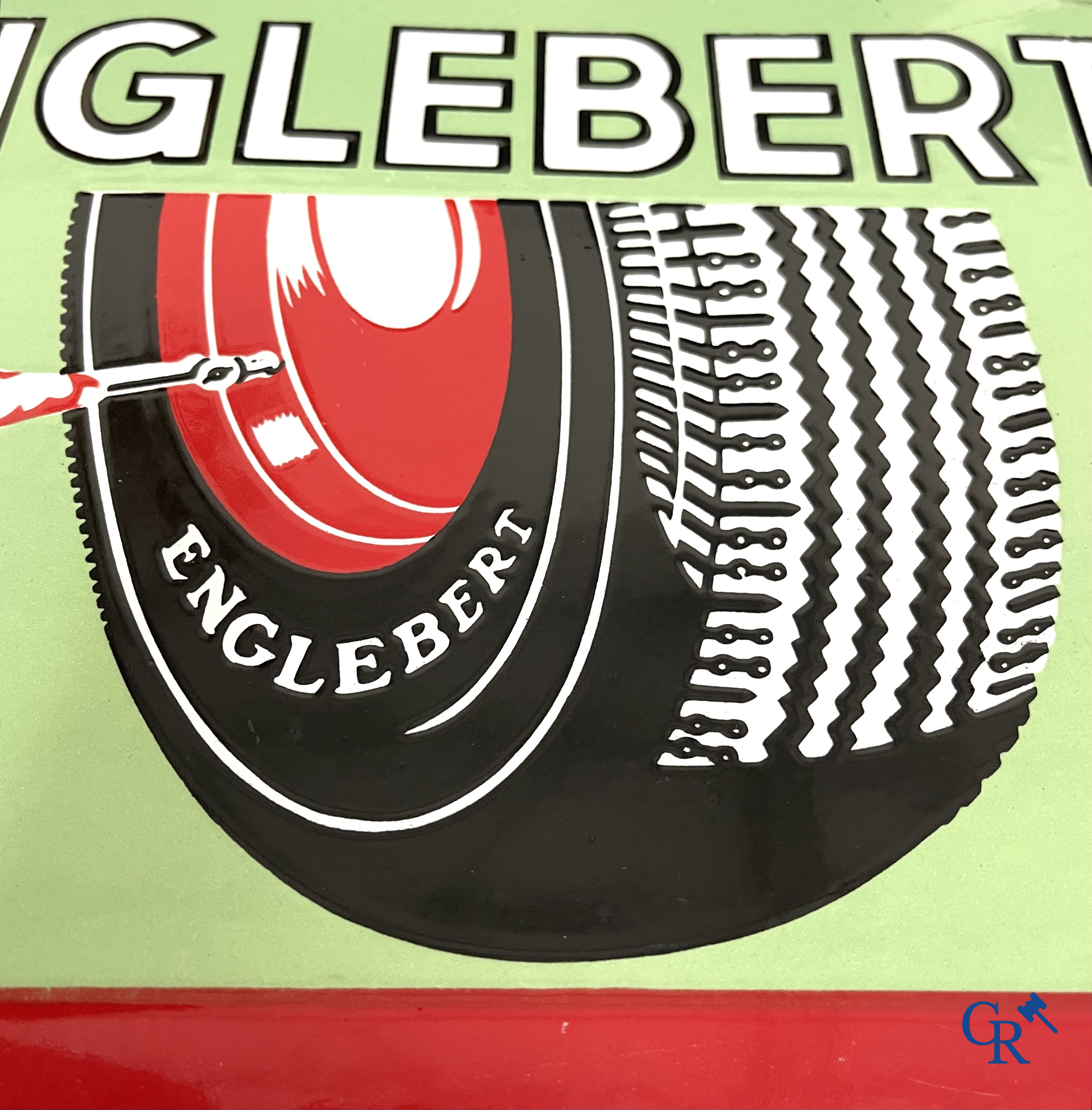 Englebert, Enamel advertising sign to specify the pressure of Englebert tires. Foremail Bruxelles 1949.