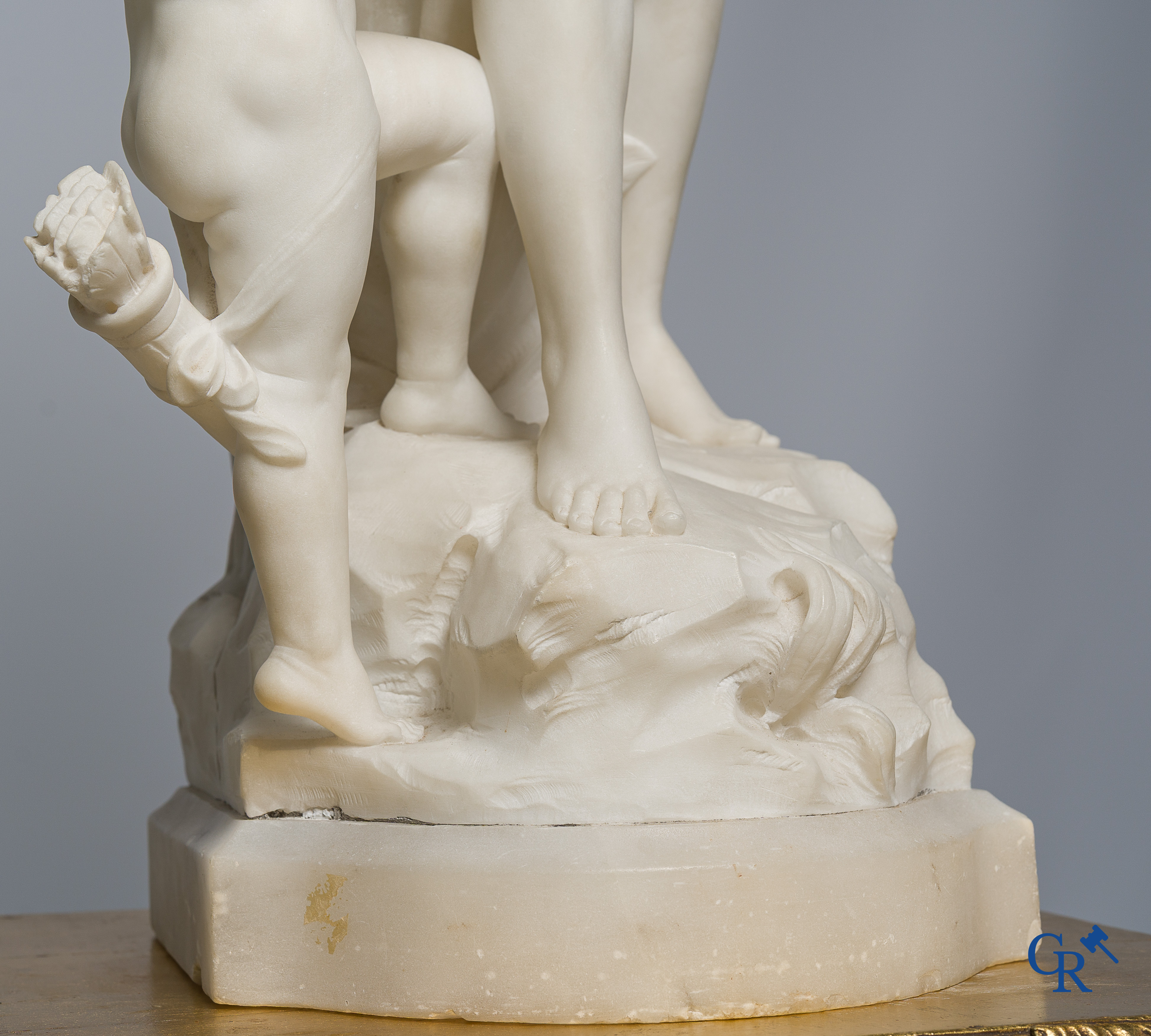 Cipriani. Romantic representation in sculpted marble. Young lady with cupid. LXVI style pedestal. Circa 1900.