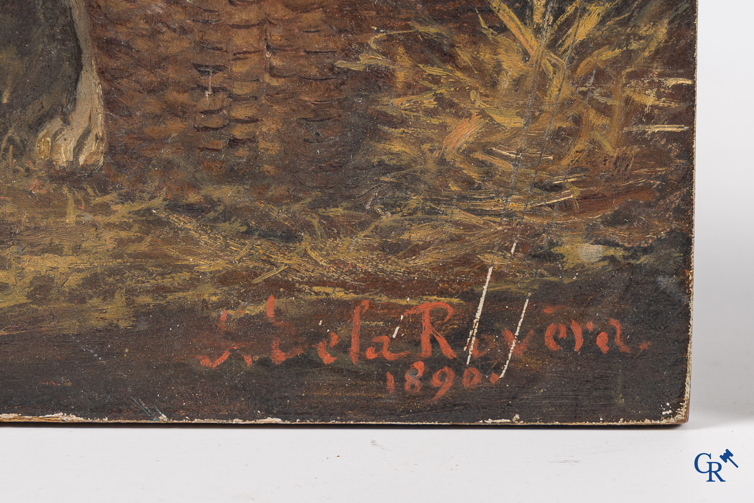 2 romantic paintings, girl with cat and 2 playing dogs, signed De La Royèra, 1890.