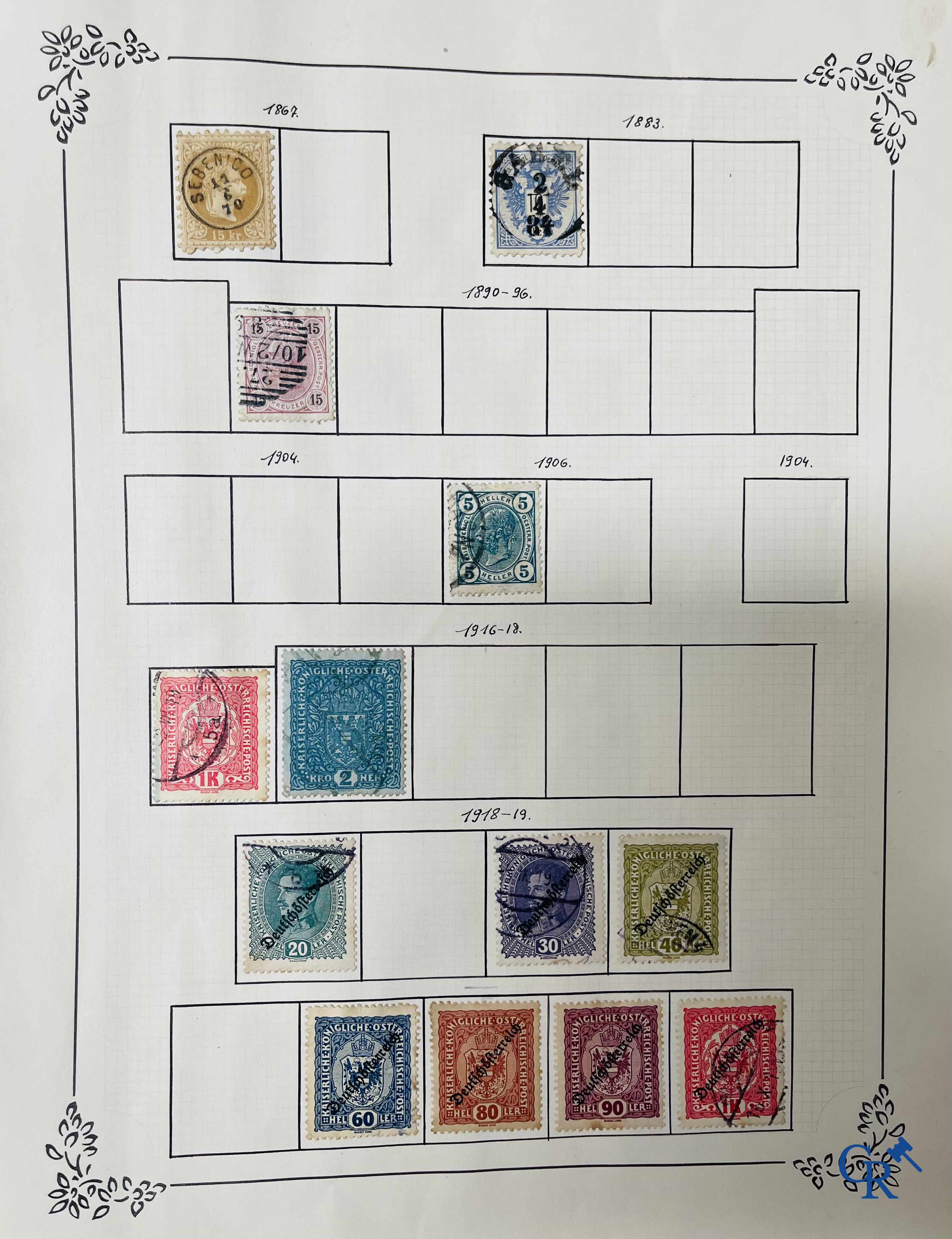 Philately. Album with various rare antique stamps, including early Belgian stamps.