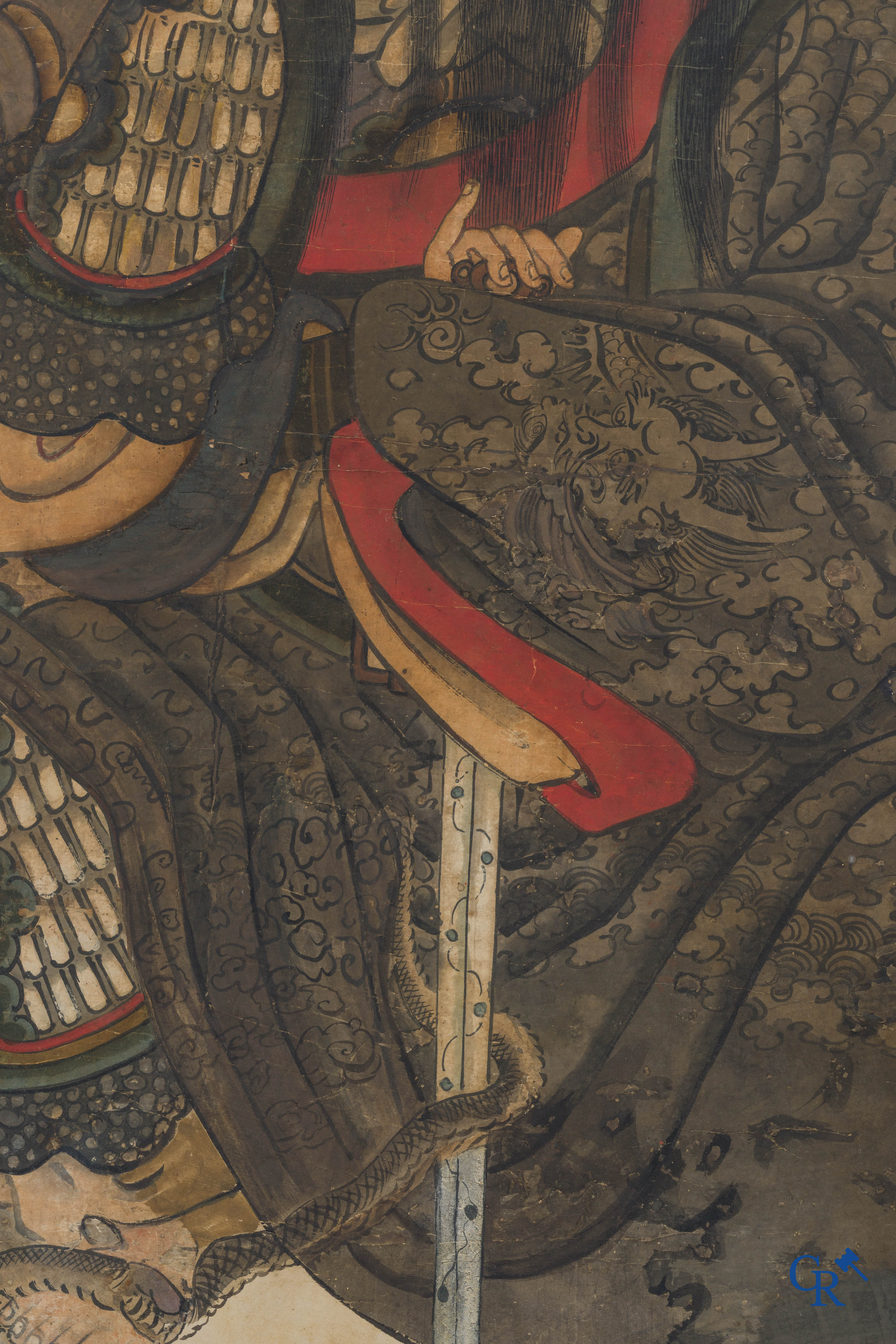 Art Asiatique, école chinoise, représentation de Guan Yu. Encre, huile et couleur sur papier. XVIIe-XVIIIe siècle.