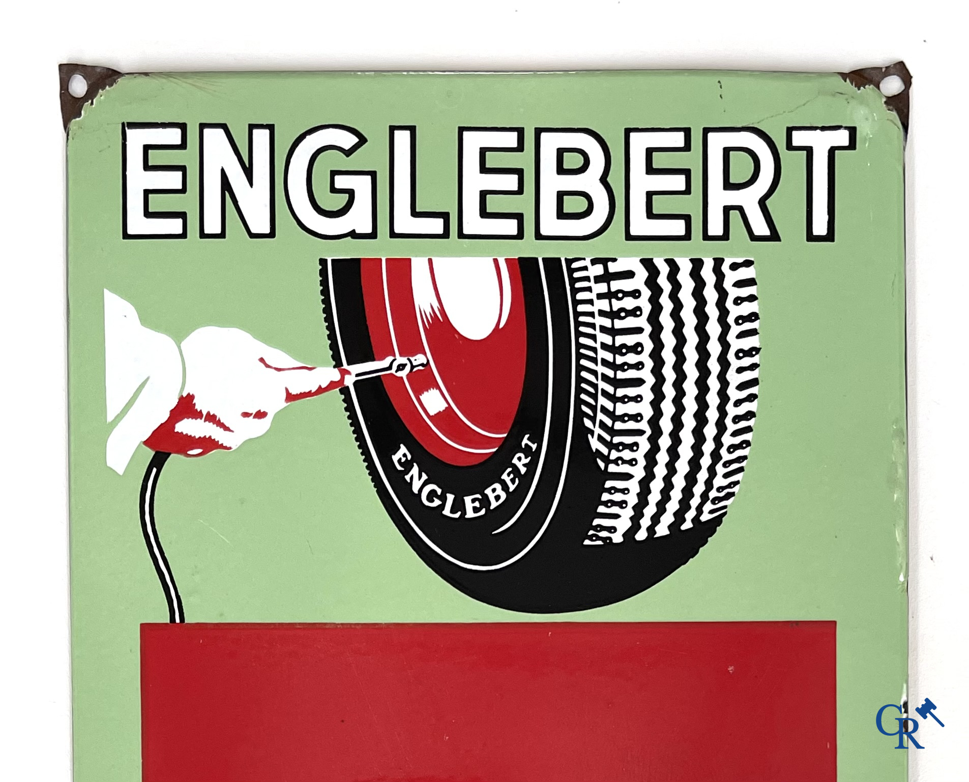 Englebert, Enamel advertising sign to specify the pressure of Englebert tires. Foremail Bruxelles 1949.
