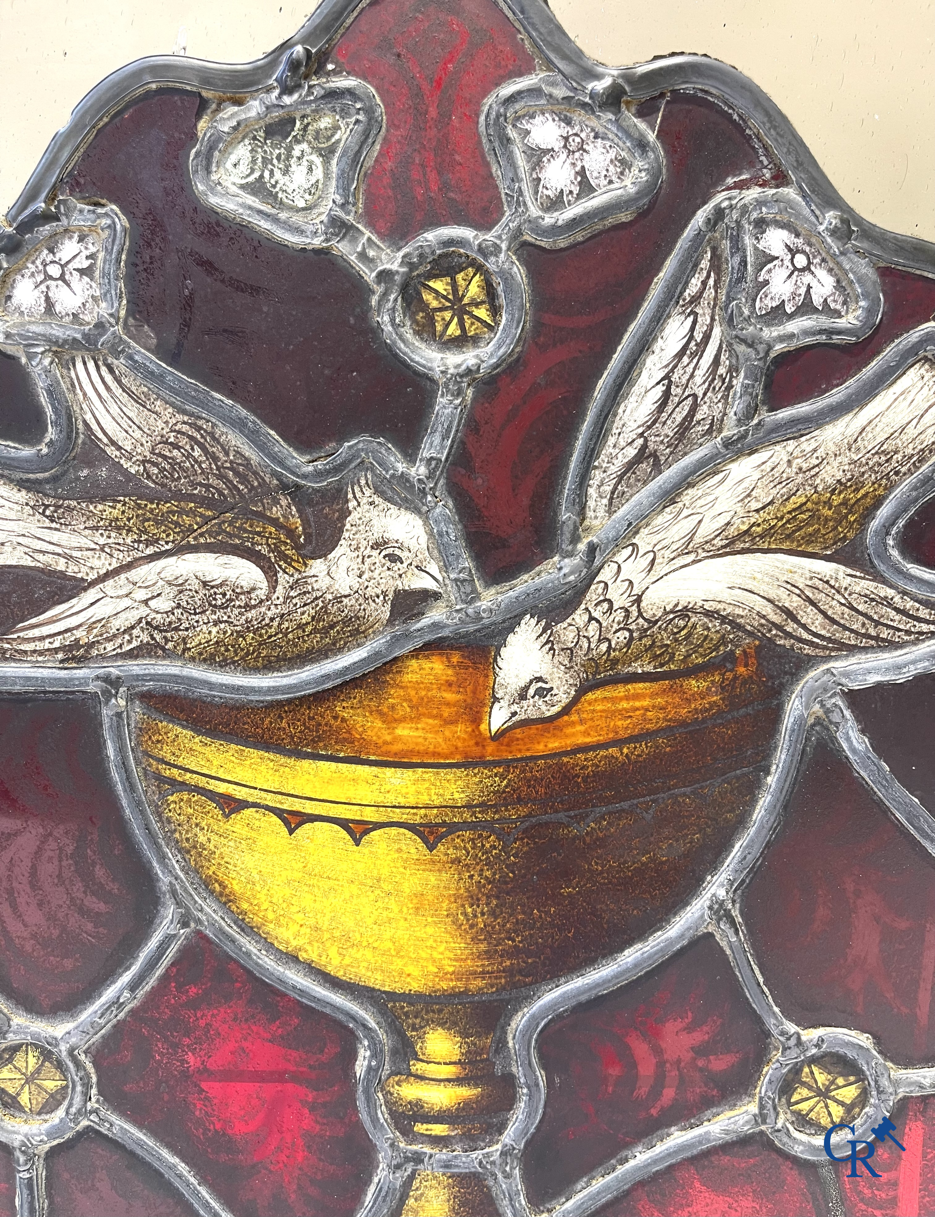 Religious objects. Stained glass with fire glass, frame with cross in processed leather, oval frame as a souvenir.