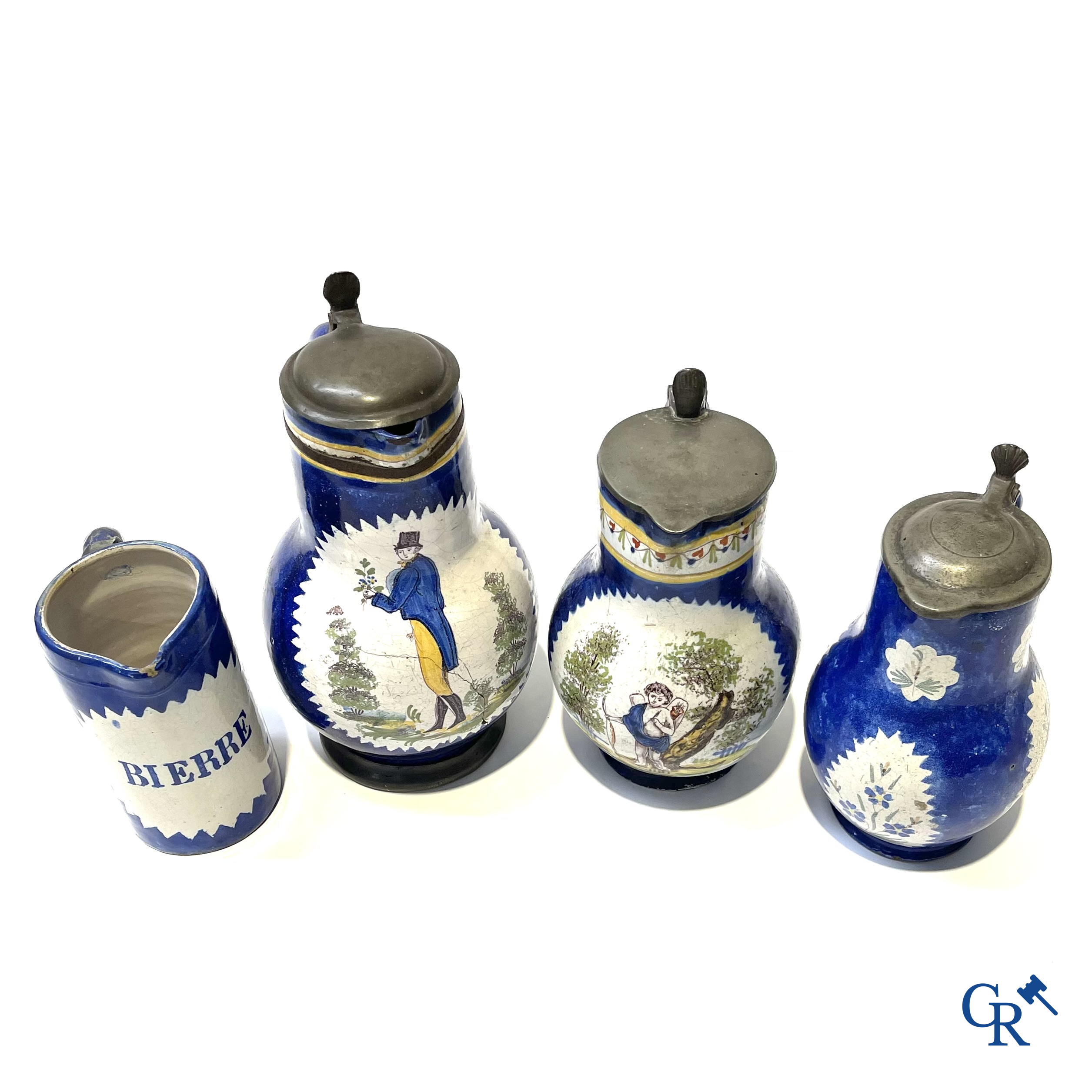 Brussels pottery. 3 jugs with tin lid and a beer jug in decorated Brussels pottery. 18th-19th century.
