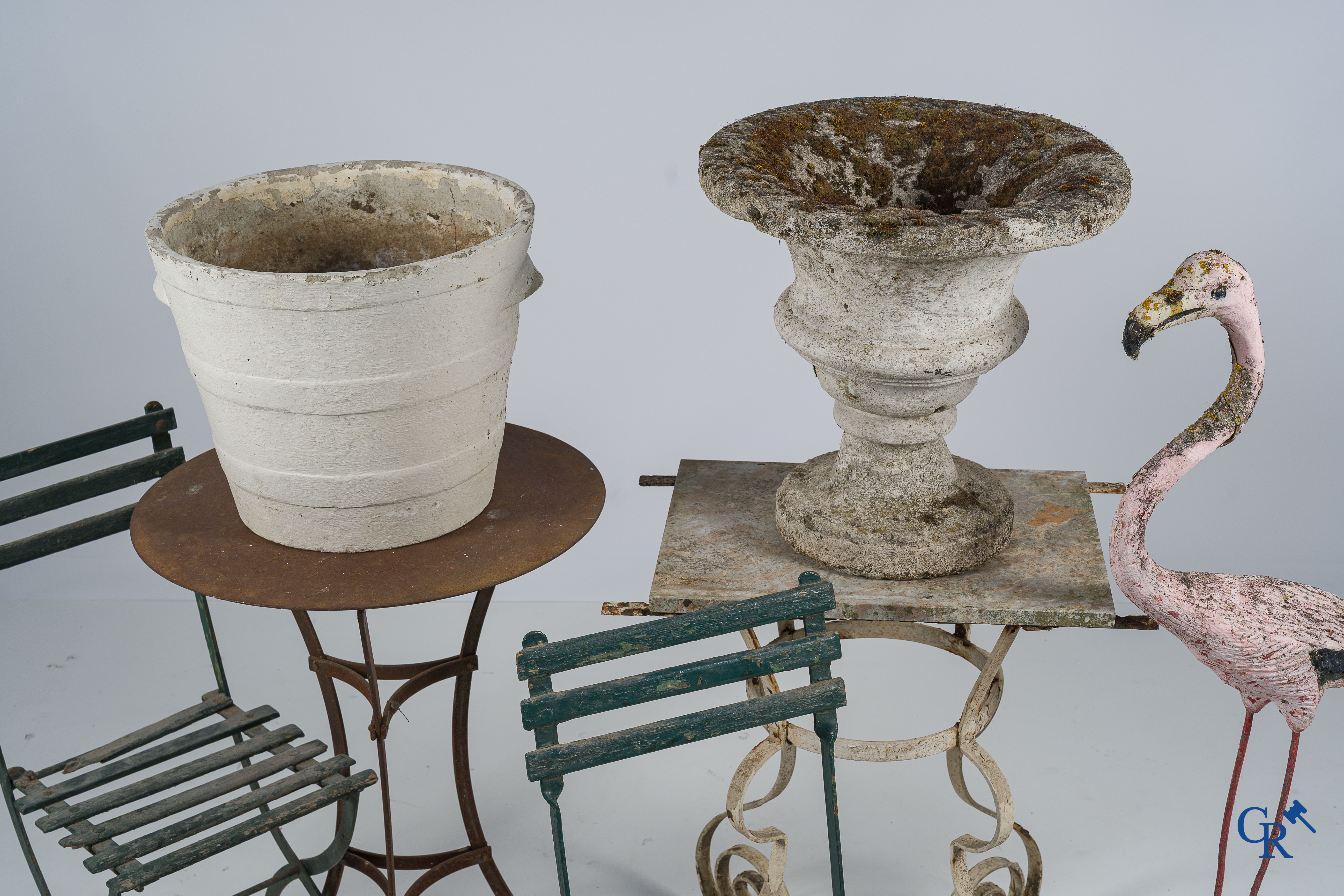 Garden decoration. A lot with garden decoration, garden vases, sculpture in concrete, tables in wrought iron, etc. 1950's.