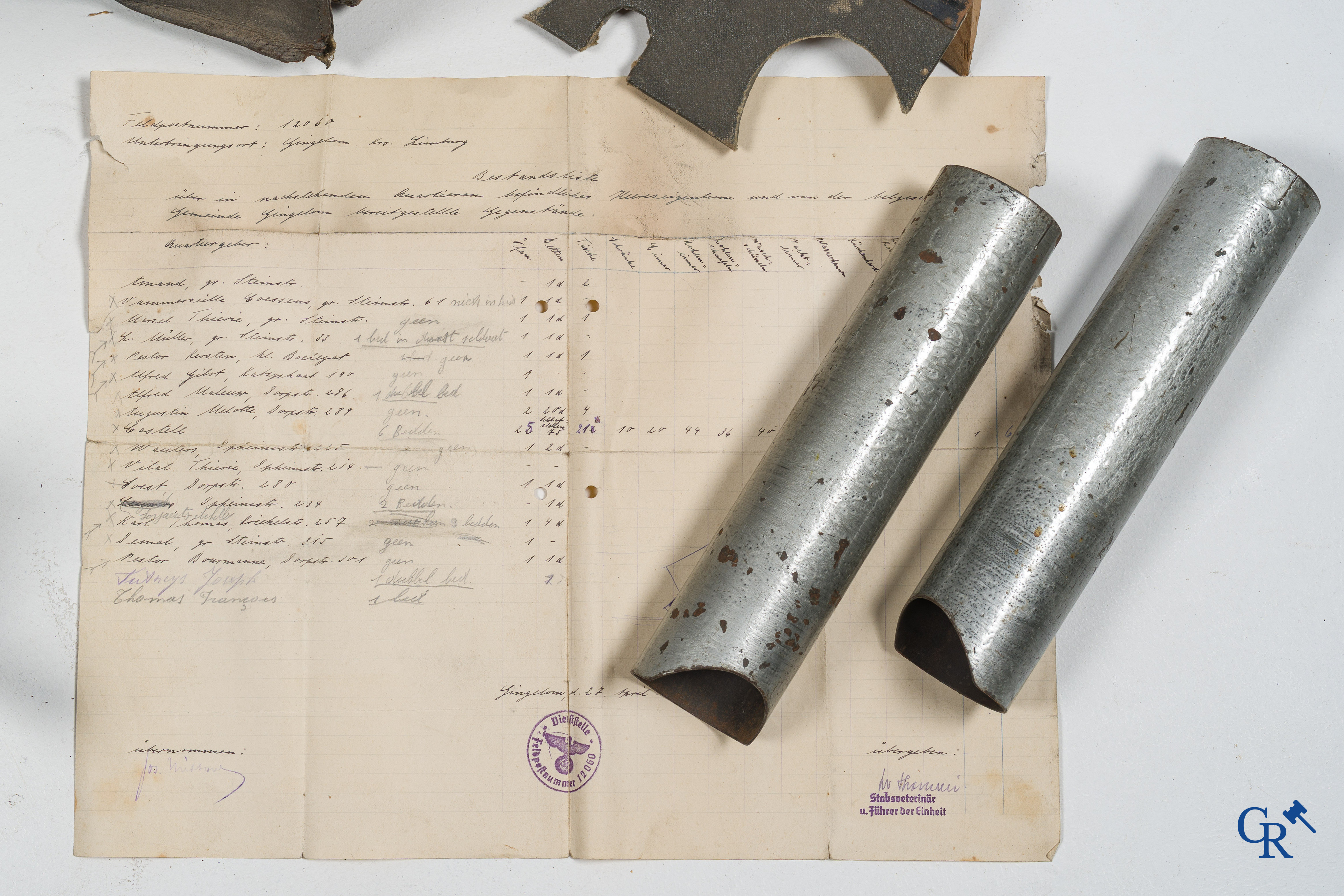 Militaria. German military scissor binoculars or Scherenfernrohr WWI in storage box and a German military document WWII.