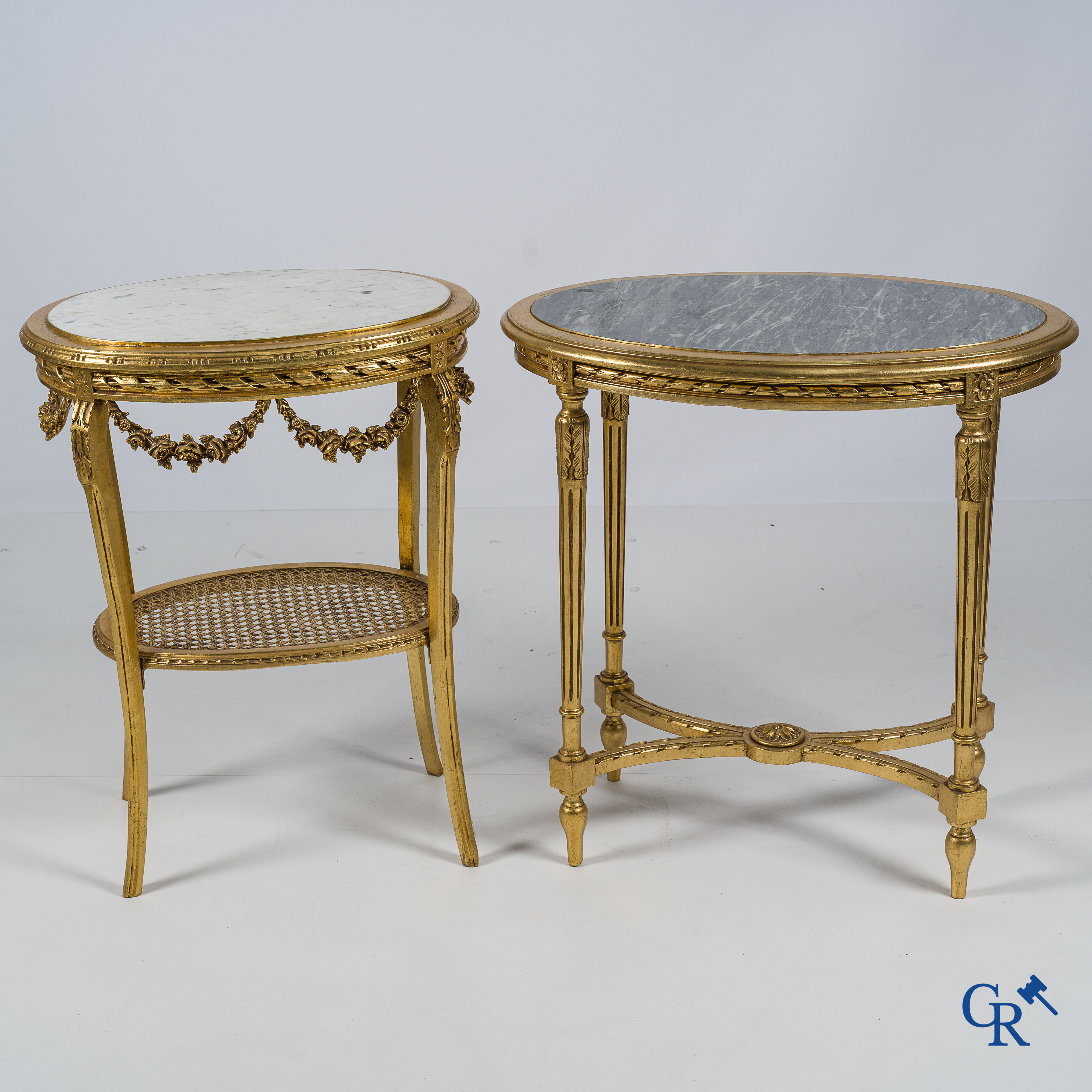 Furniture. 2 gilded geuridons in LXVI style and a set of nesting tables with Varnish Martin painting. Circa 1920.