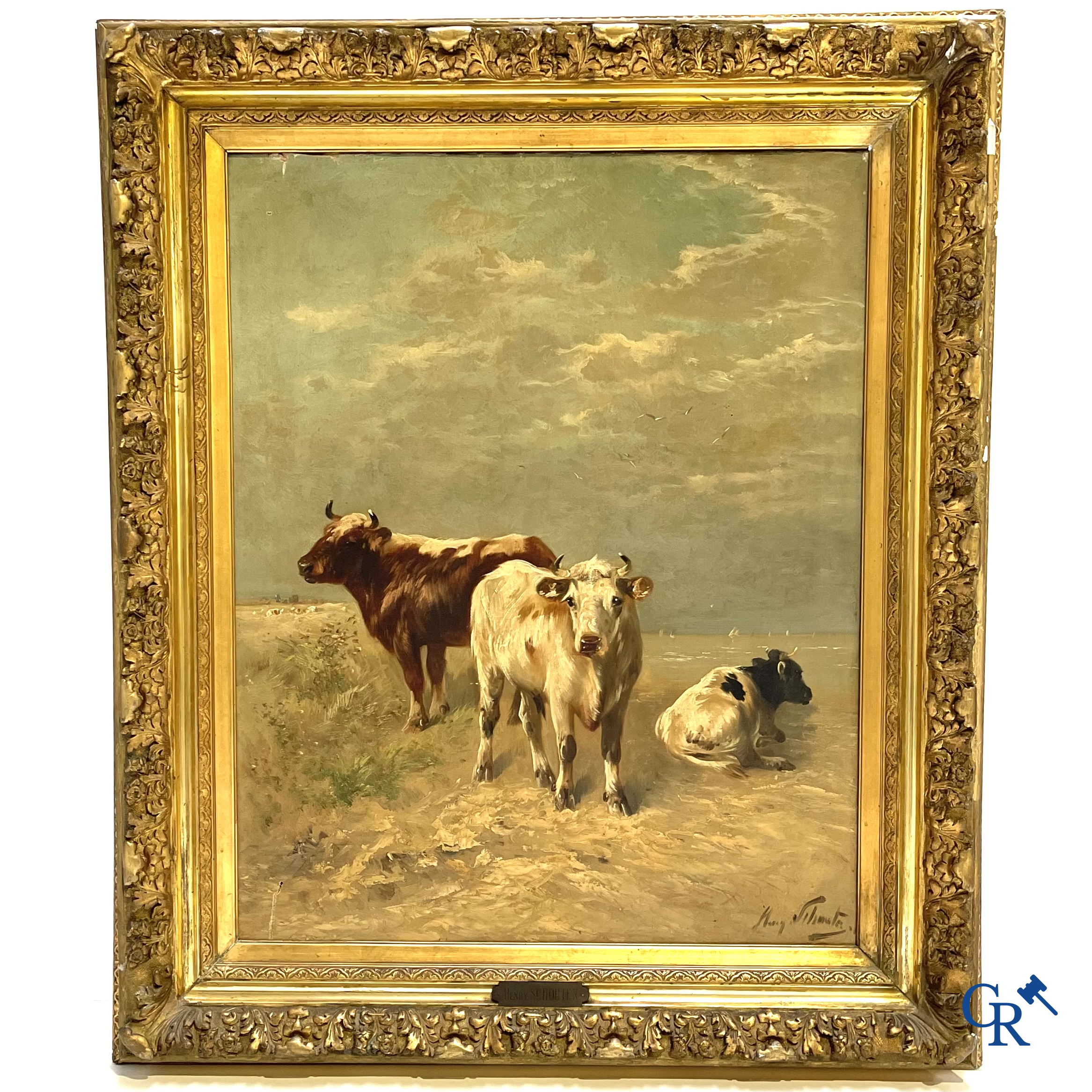 Henry Schouten. Cows in the dunes. Large painting with gilded frame. Signed lower right.