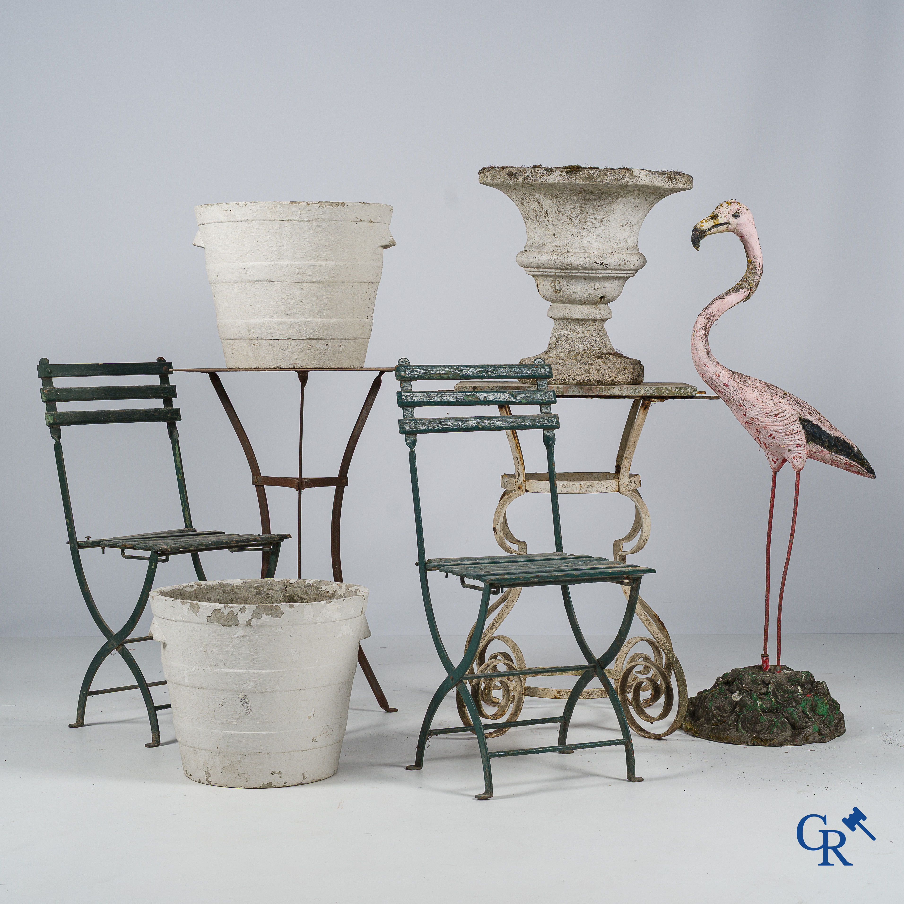Garden decoration. A lot with garden decoration, garden vases, sculpture in concrete, tables in wrought iron, etc. 1950's.